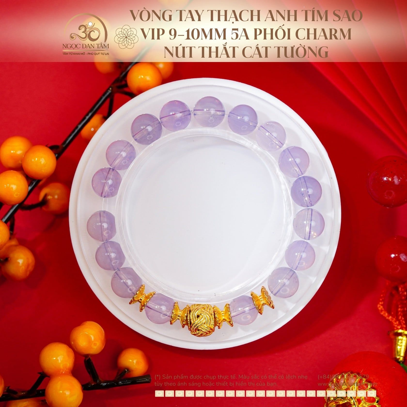  Vòng Tay Thạch Anh Tím Sao Vip 9-10mm 5A Phối Charm Nút Thắt Cát Tường 