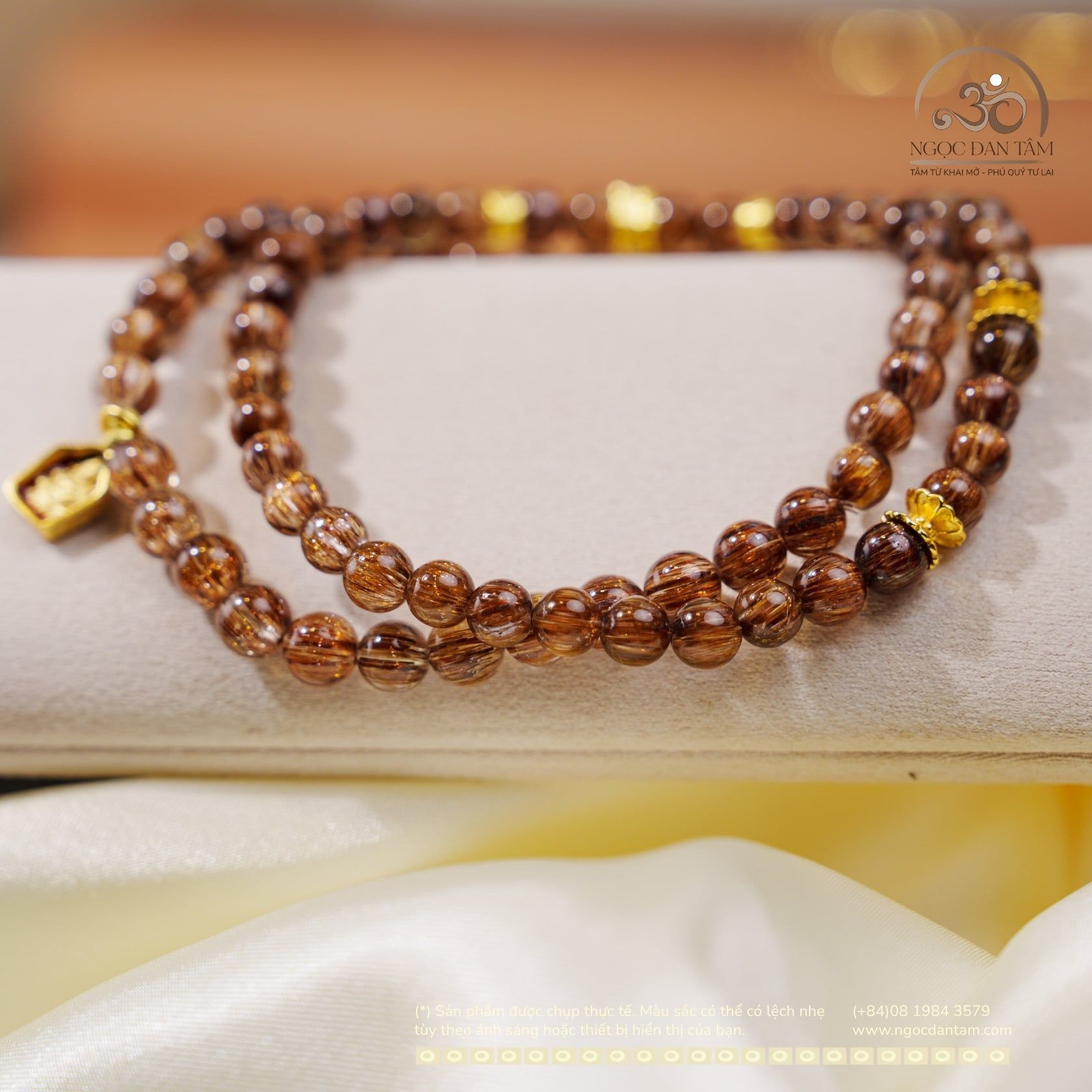  Chuỗi Vòng Tay Thạch Anh Tóc Nâu Đồng Trục 6mm VVIP Phối Charm Bạc 925 Mạ Vàng Cao Cấp 