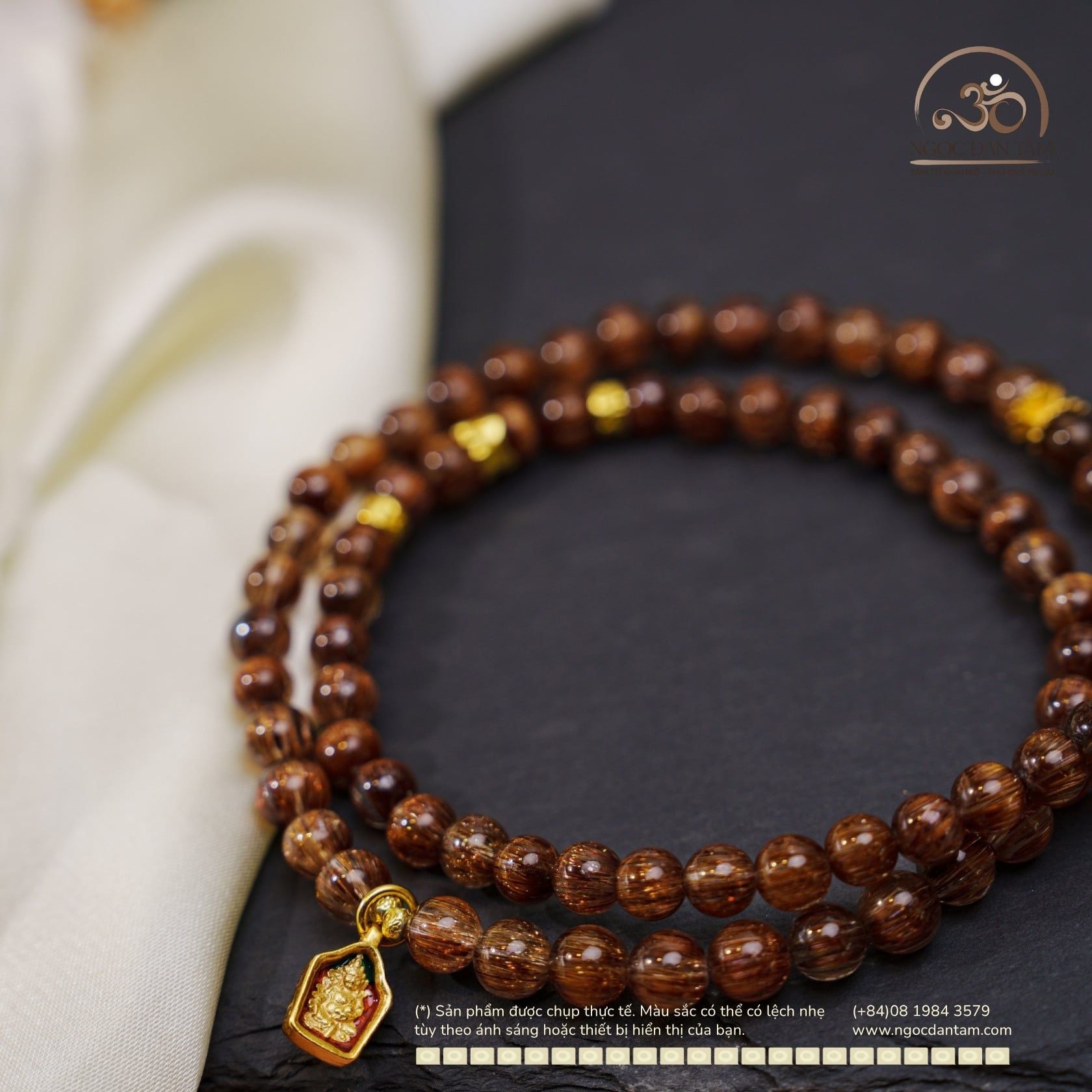  Chuỗi Vòng Tay Thạch Anh Tóc Nâu Đồng Trục 6mm VVIP Phối Charm Bạc 925 Mạ Vàng Cao Cấp 