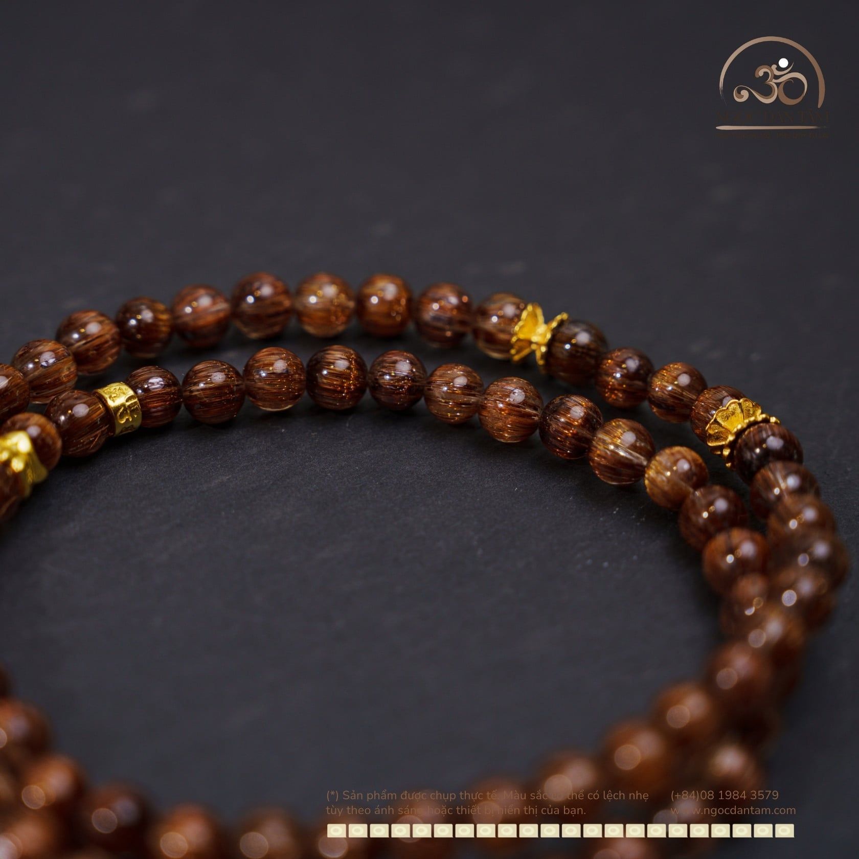  Chuỗi Vòng Tay Thạch Anh Tóc Nâu Đồng Trục 6mm VVIP Phối Charm Bạc 925 Mạ Vàng Cao Cấp 