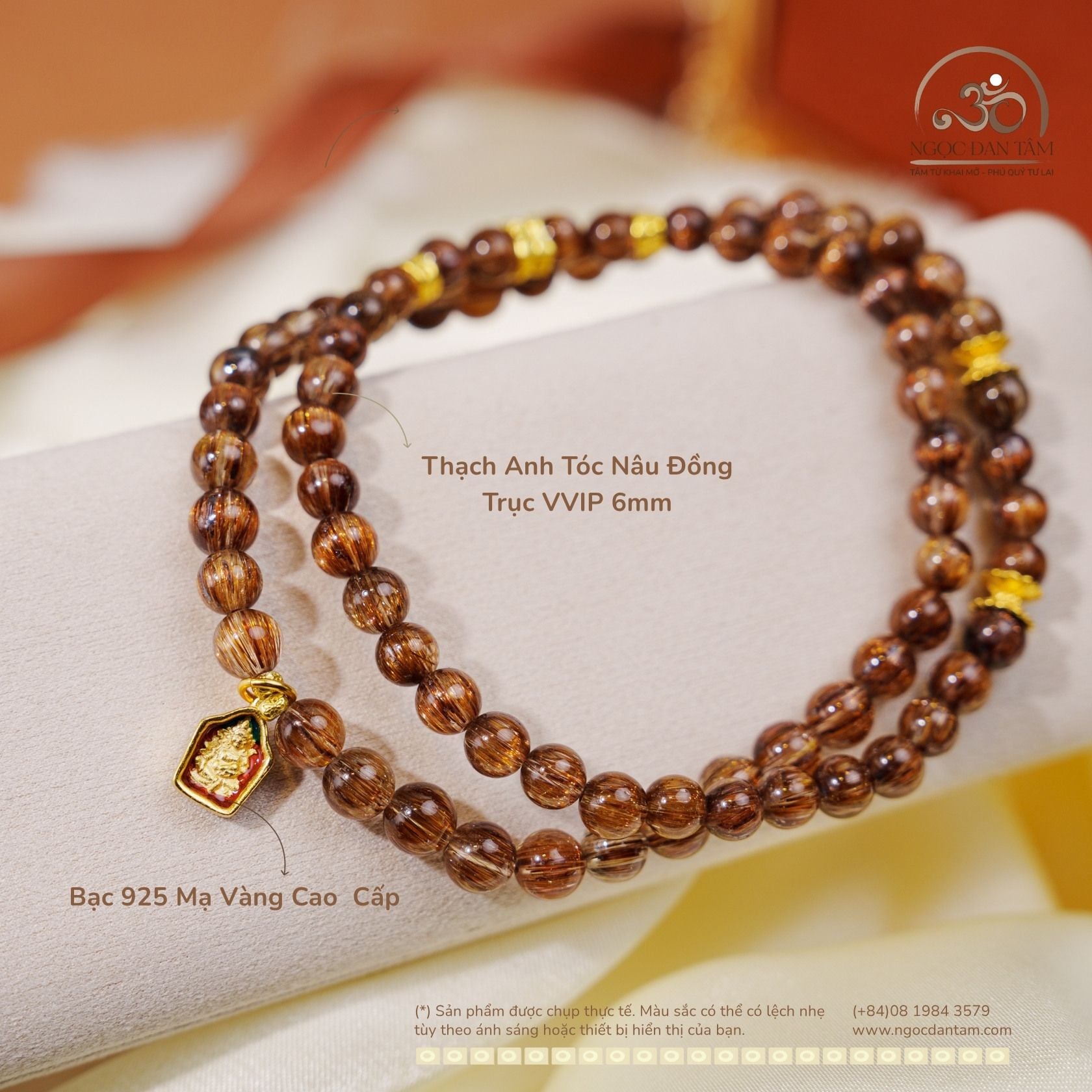  Chuỗi Vòng Tay Thạch Anh Tóc Nâu Đồng Trục 6mm VVIP Phối Charm Bạc 925 Mạ Vàng Cao Cấp 