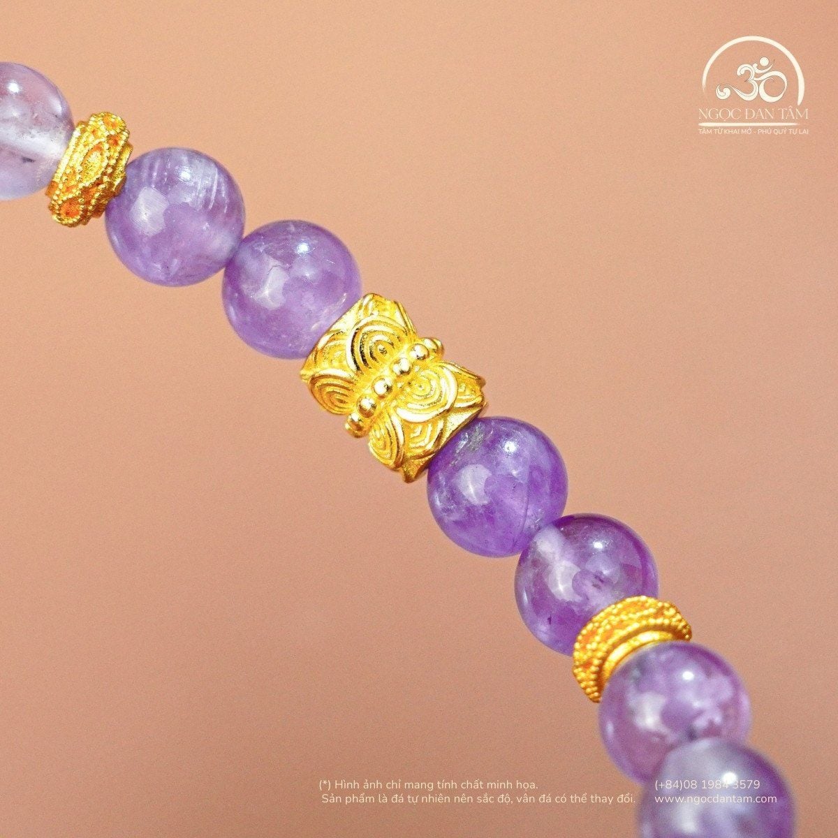  Vòng Tay Thạch Anh Tím 6mm 2A Phối Charm 2 Đầu Sen 