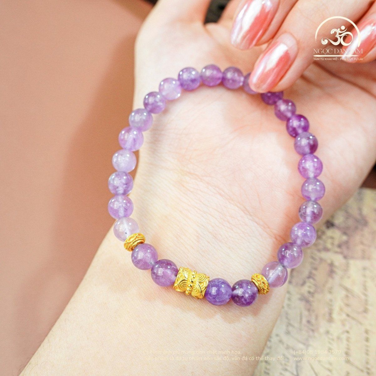  Vòng Tay Thạch Anh Tím 6mm 2A Phối Charm 2 Đầu Sen 