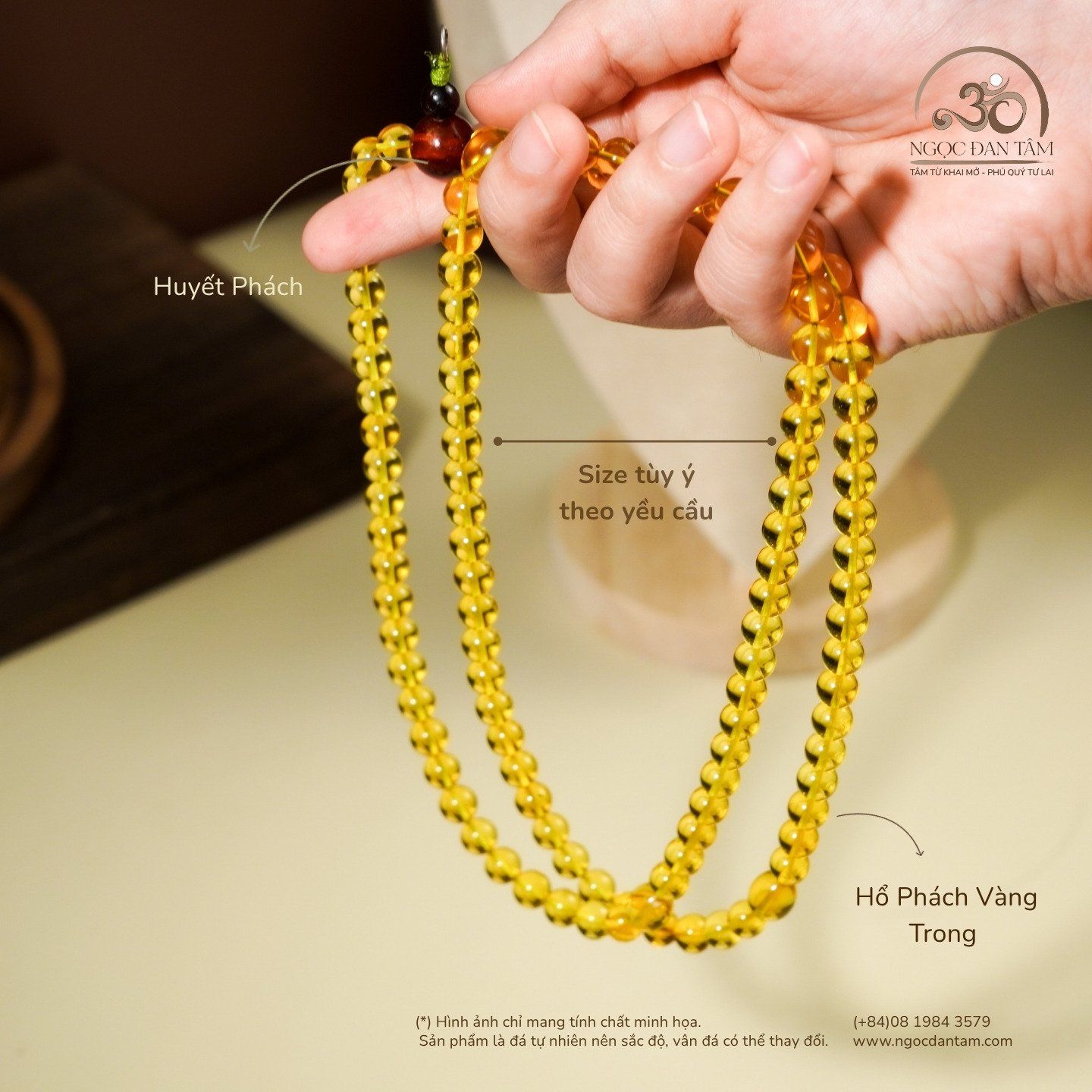  Tràng Hạt Hổ Phách Vàng Trong Phối Huyết Phách 30gram 