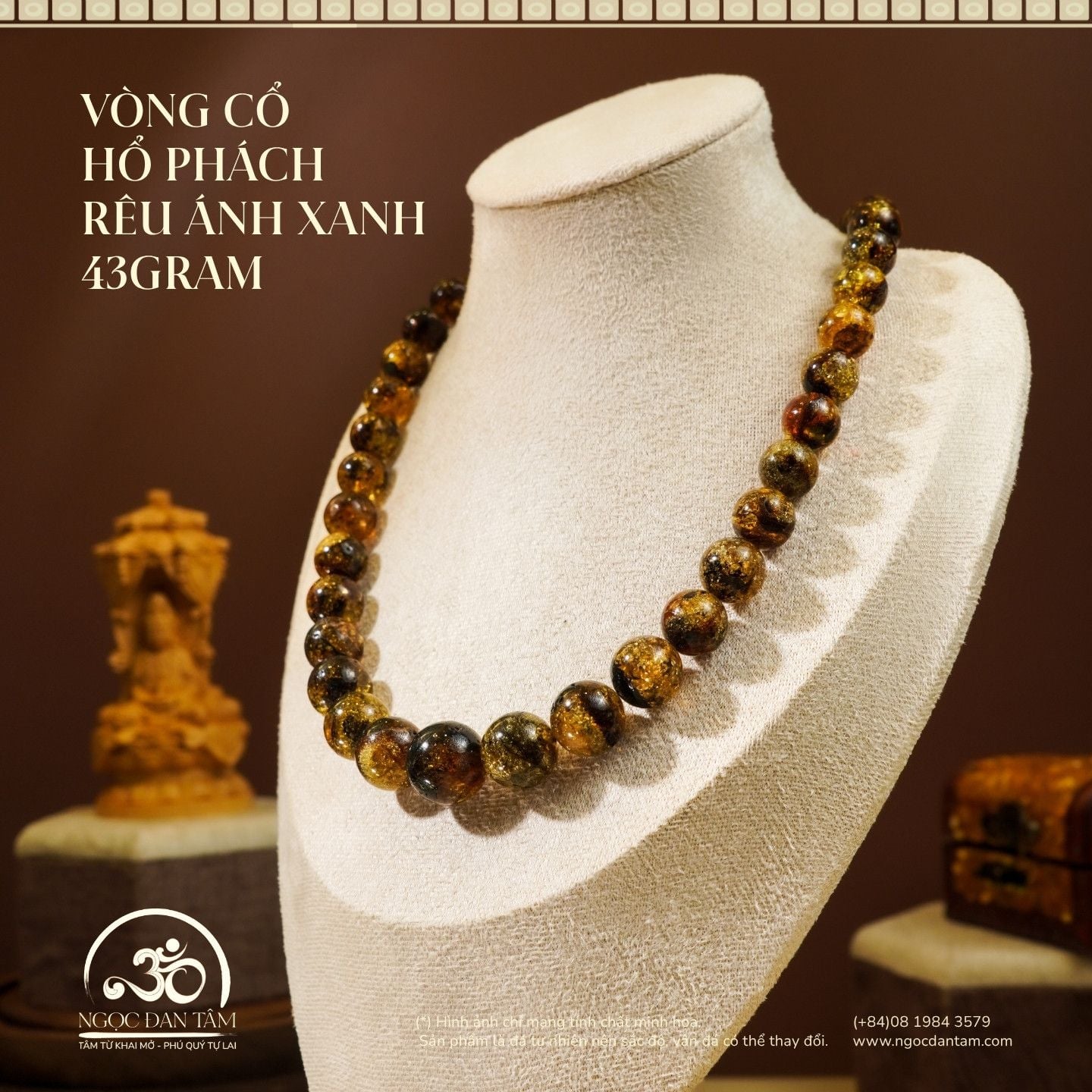  Vòng Cổ Hổ Phách Rêu Ánh Xanh 43gram 