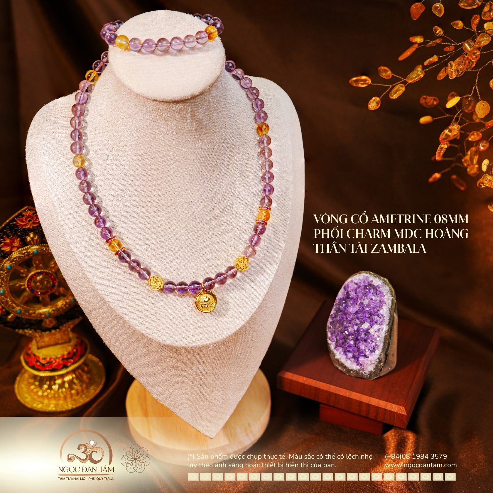  Vòng Cổ Ametrine 08mm 2A Phối Charm Hoàng Thần Tài ZamBaLa 