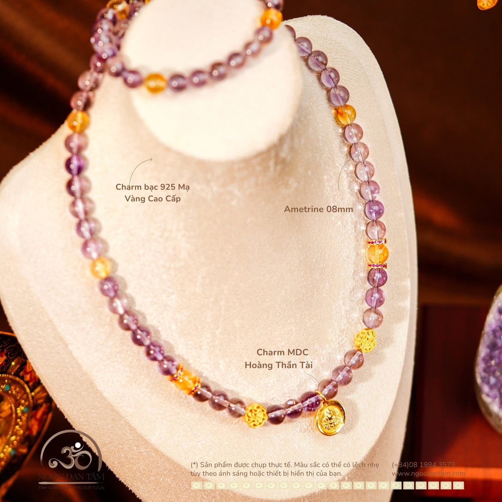  Vòng Cổ Ametrine 08mm 2A Phối Charm Hoàng Thần Tài ZamBaLa 