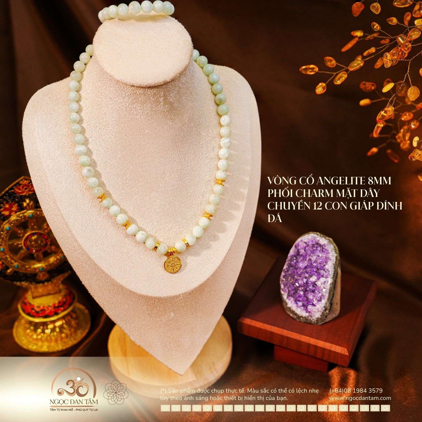  Vòng Cổ Angelite 8mm Phối Charm Mặt Dây Chuyền 12 Con Giáp Đính Đá 