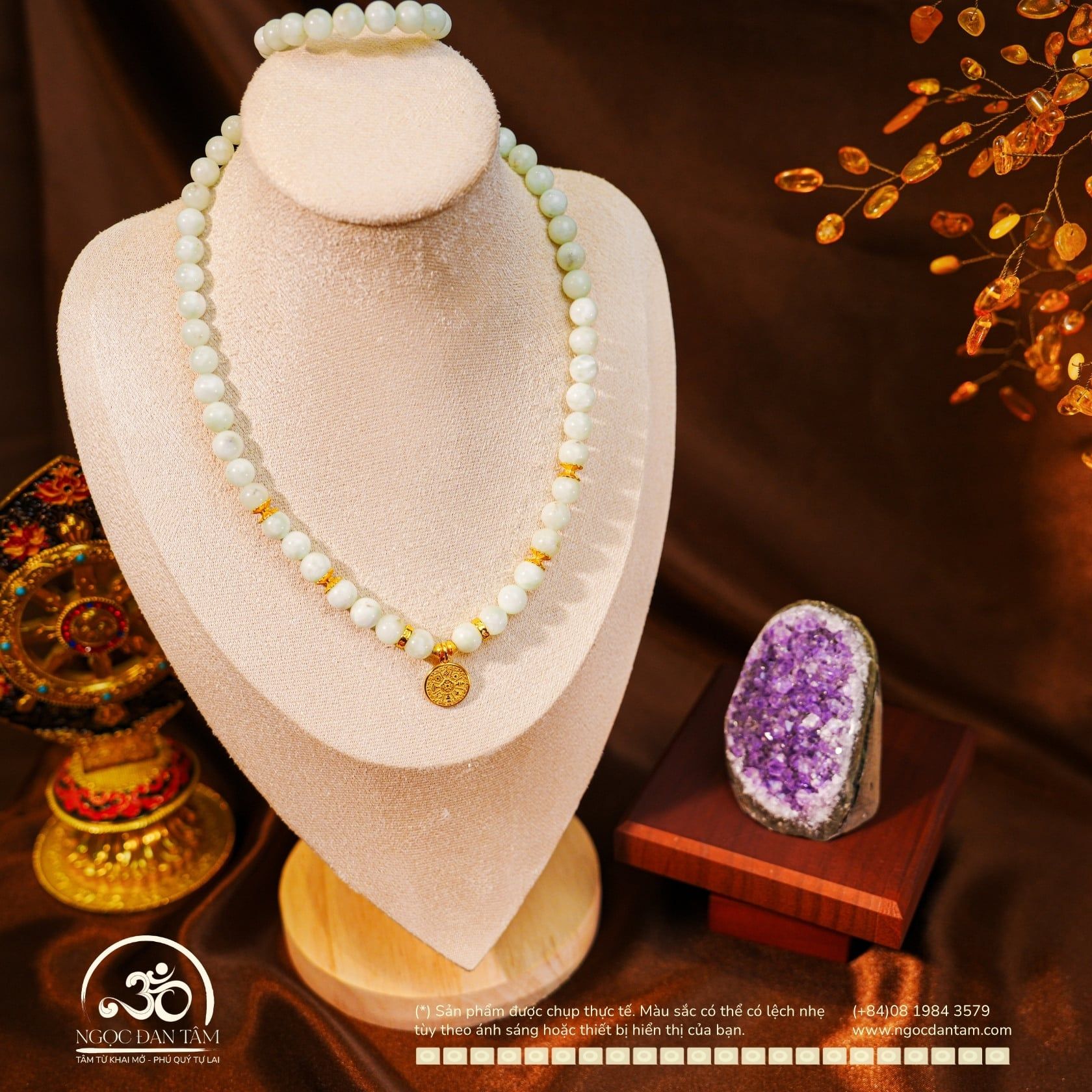  Vòng Cổ Angelite 8mm Phối Charm Mặt Dây Chuyền 12 Con Giáp Đính Đá 