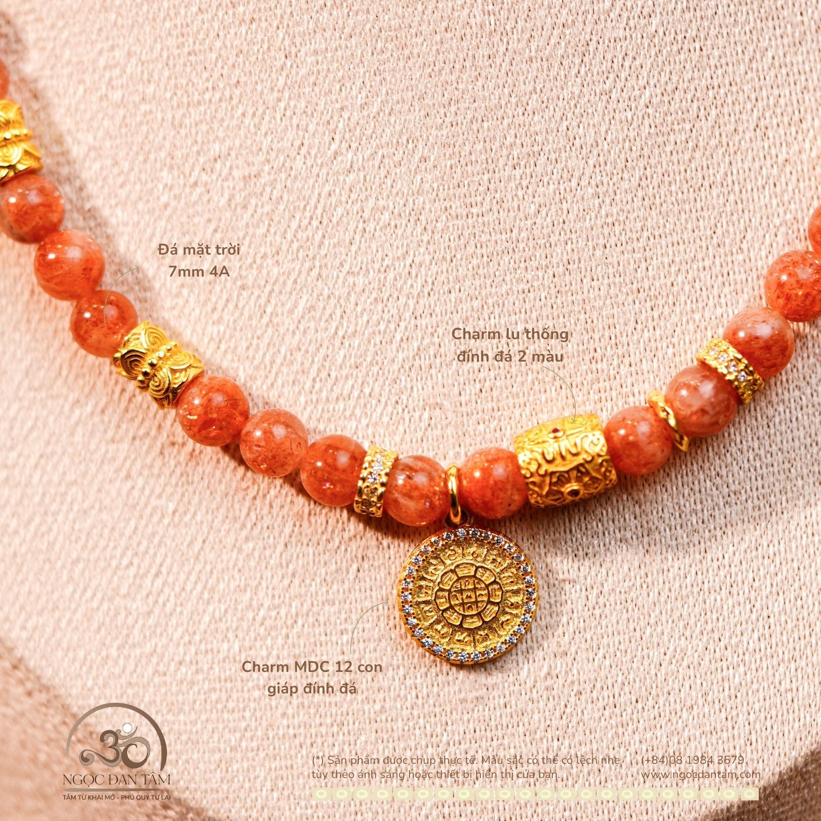  Vòng Cổ Đá Mặt Trời 7mm 4A Phối Charm MDC 12 Con Giáp Vòng Xoay Đính Đá 