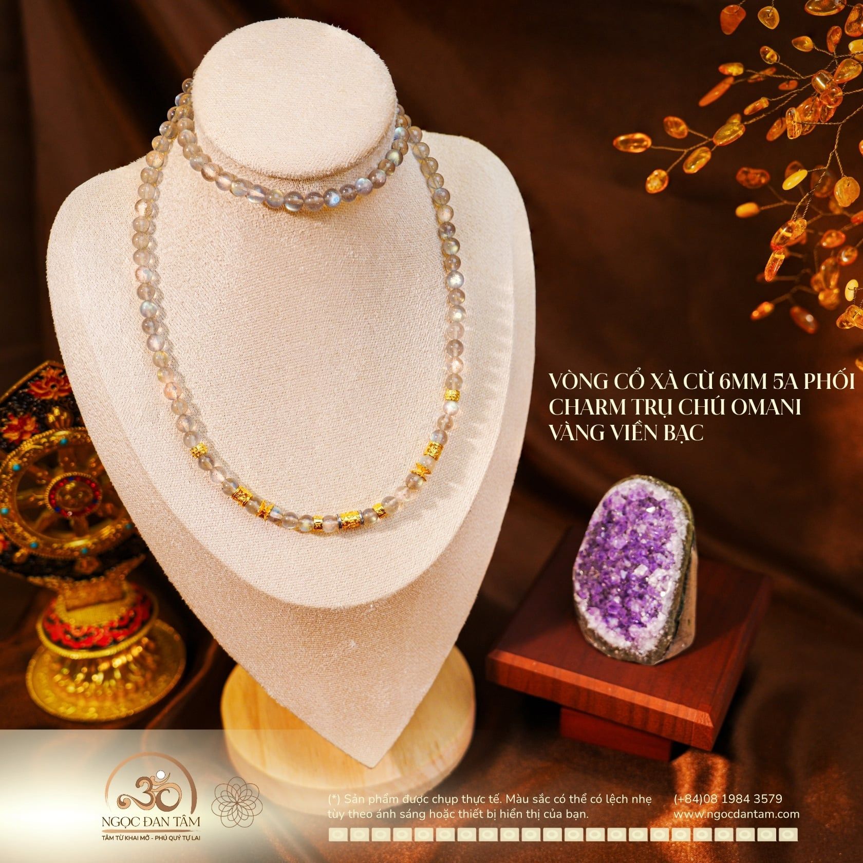  Vòng Cổ Xà Cừ 6mm 5A Phối Charm Trụ Chú Omani Mạ Vàng Viền Bạc 