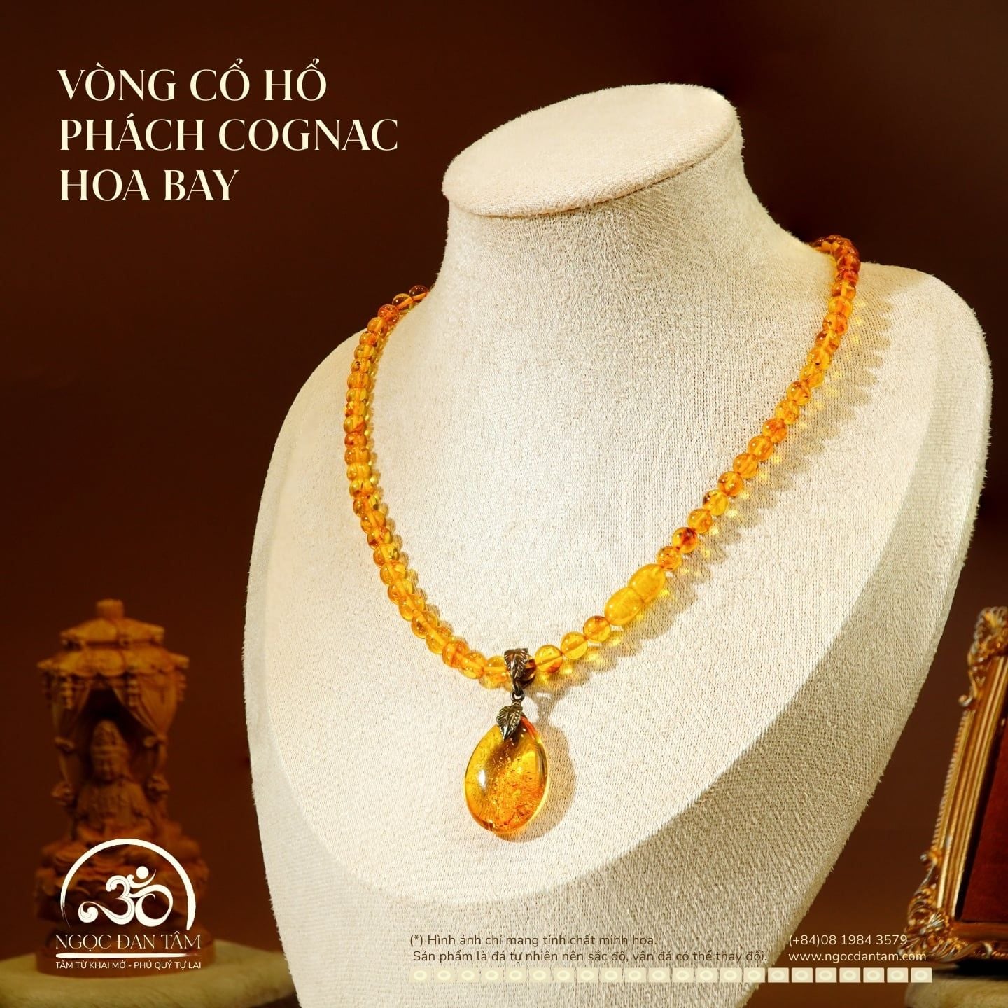  Vòng Cổ Hổ Phách Cognac Hoa Bay 