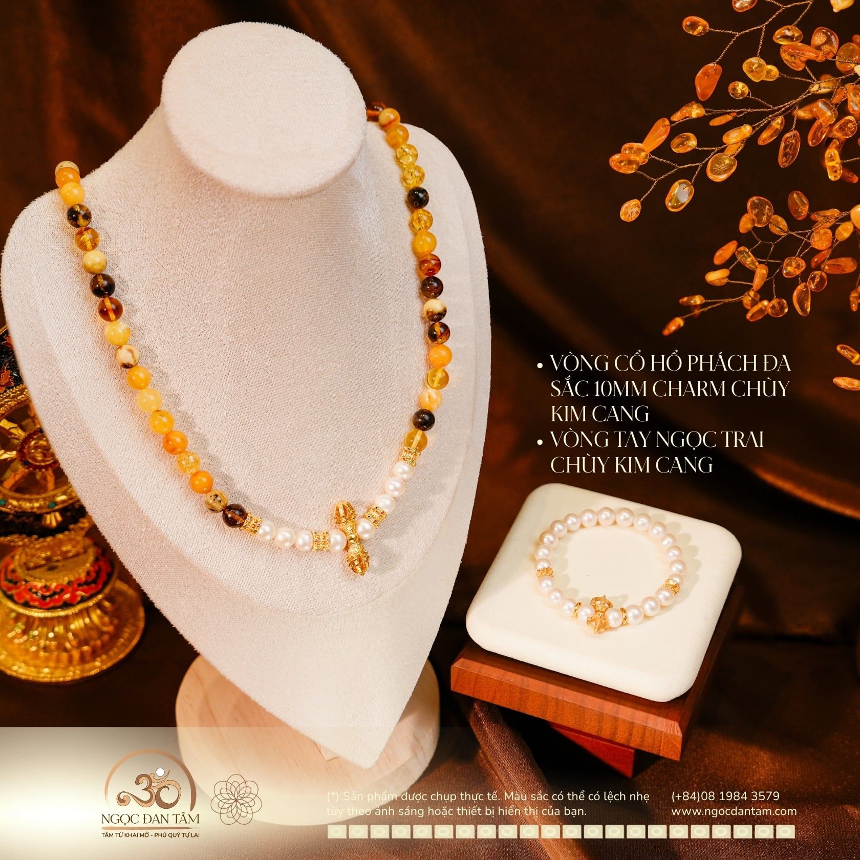  Bộ Trang Sức Hổ Phách Đa Sắc & Ngọc Trai + Charm Chùy Kim Cang 