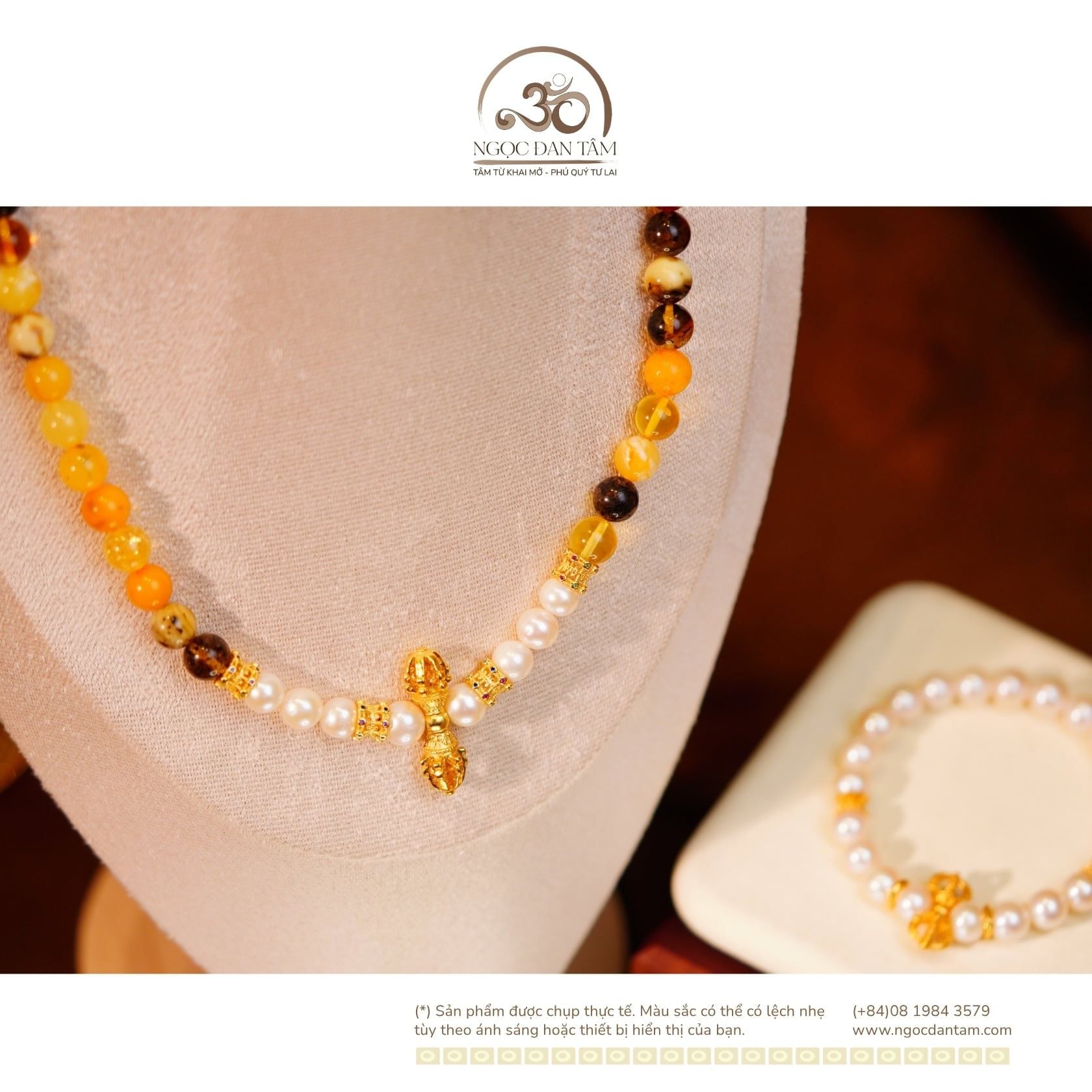  Bộ Trang Sức Hổ Phách Đa Sắc & Ngọc Trai + Charm Chùy Kim Cang 