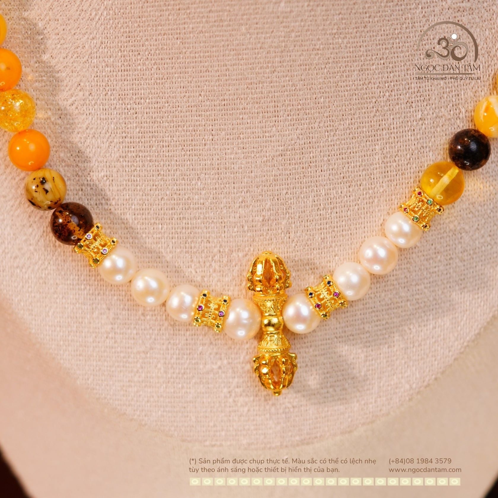  Bộ Trang Sức Hổ Phách Đa Sắc & Ngọc Trai + Charm Chùy Kim Cang 