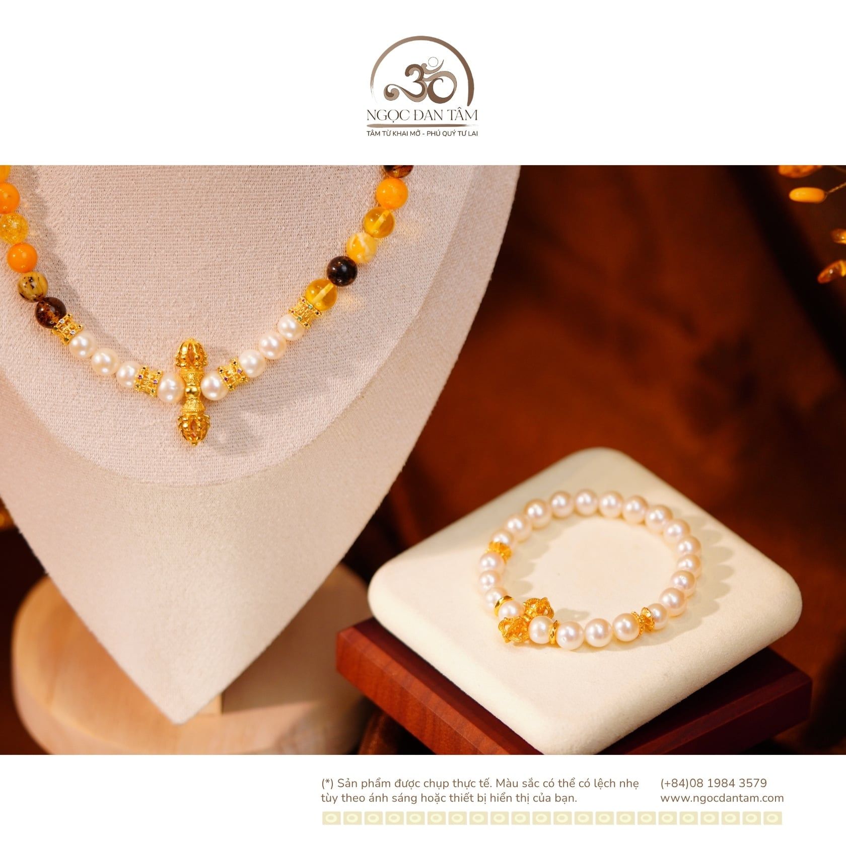  Bộ Trang Sức Hổ Phách Đa Sắc & Ngọc Trai + Charm Chùy Kim Cang 