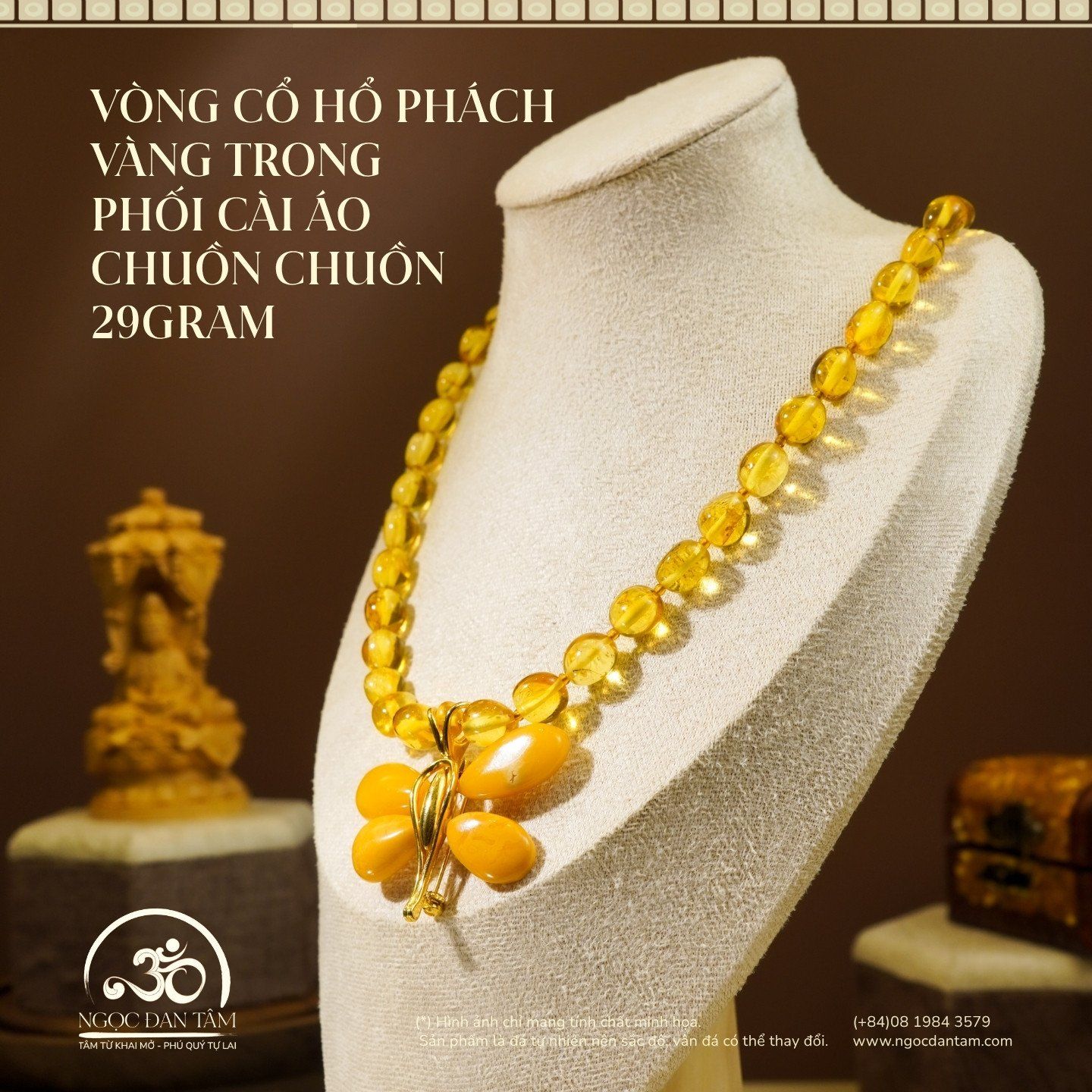  Vòng Cổ Hổ Phách Vàng Trong Phối Cài Áo Chuồn Chuồn 29gram 