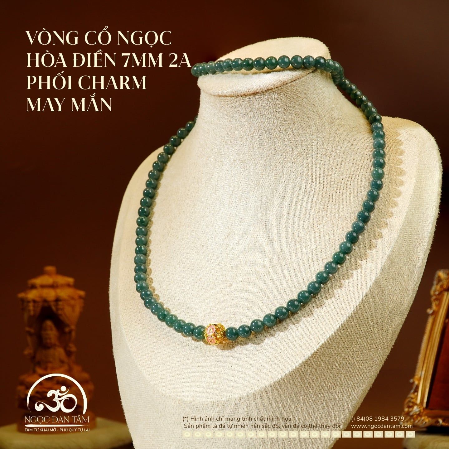  Vòng Cổ Ngọc Hòa Điền 7mm 2A Phối Charm May Mắn 