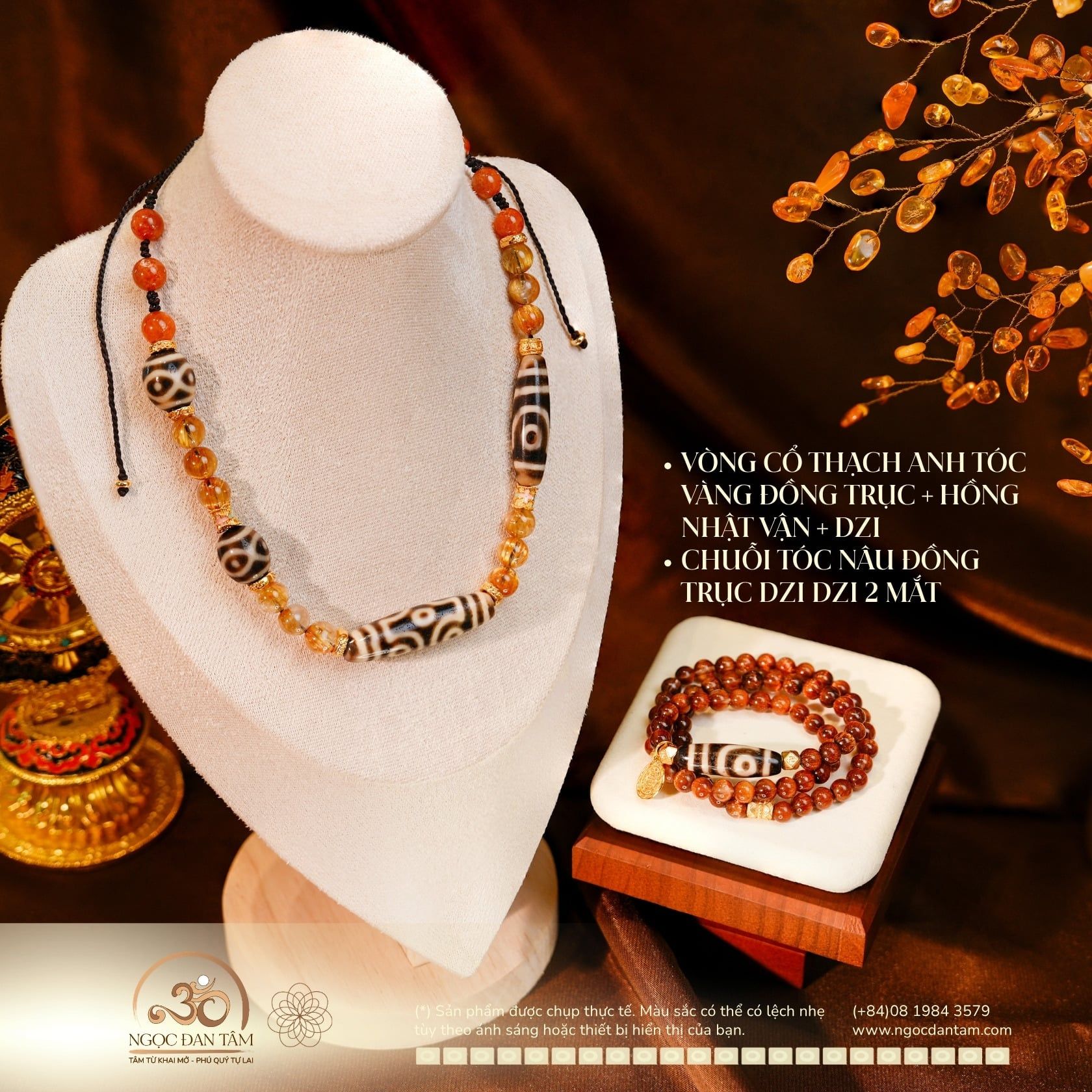  Bộ Trang Sức Thạch Anh Tóc Phối Đá Dzi + Charm Cao Cấp 