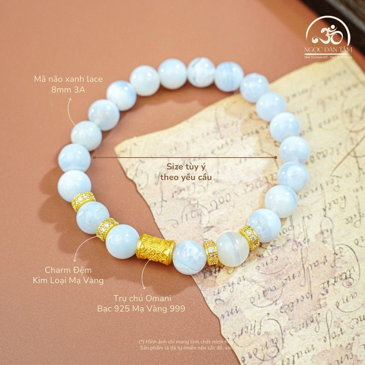  Vòng Tay Mã Não Xanh Lace 8mm 3A Phối Charm Trụ Chú Omani 