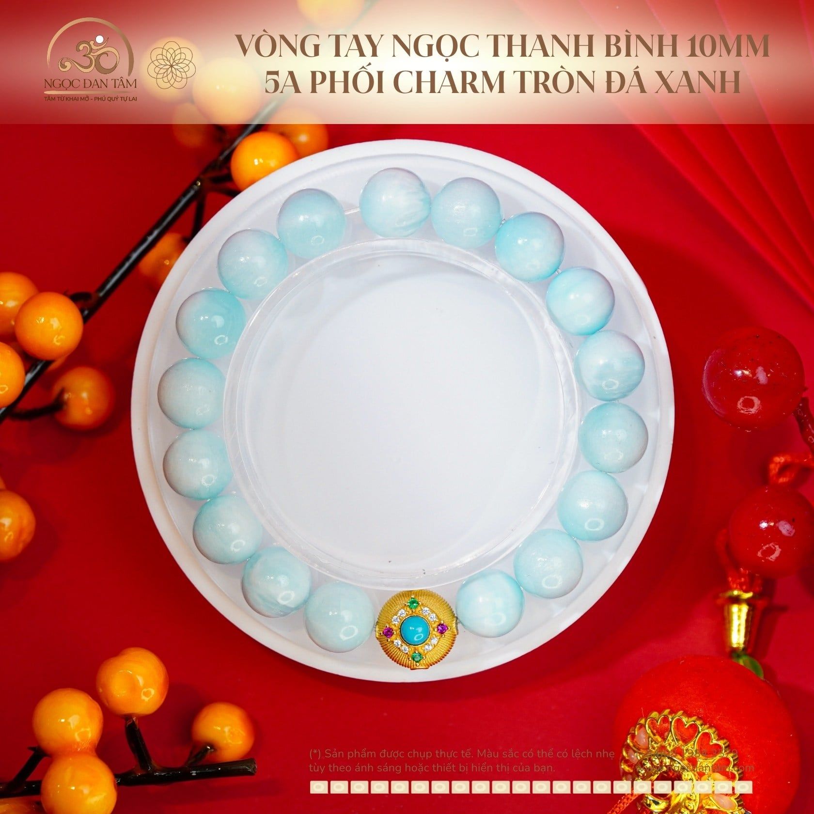  Vòng Tay Ngọc Thanh Bình 10mm 5A Phối Charm Tròn Đá Xanh 