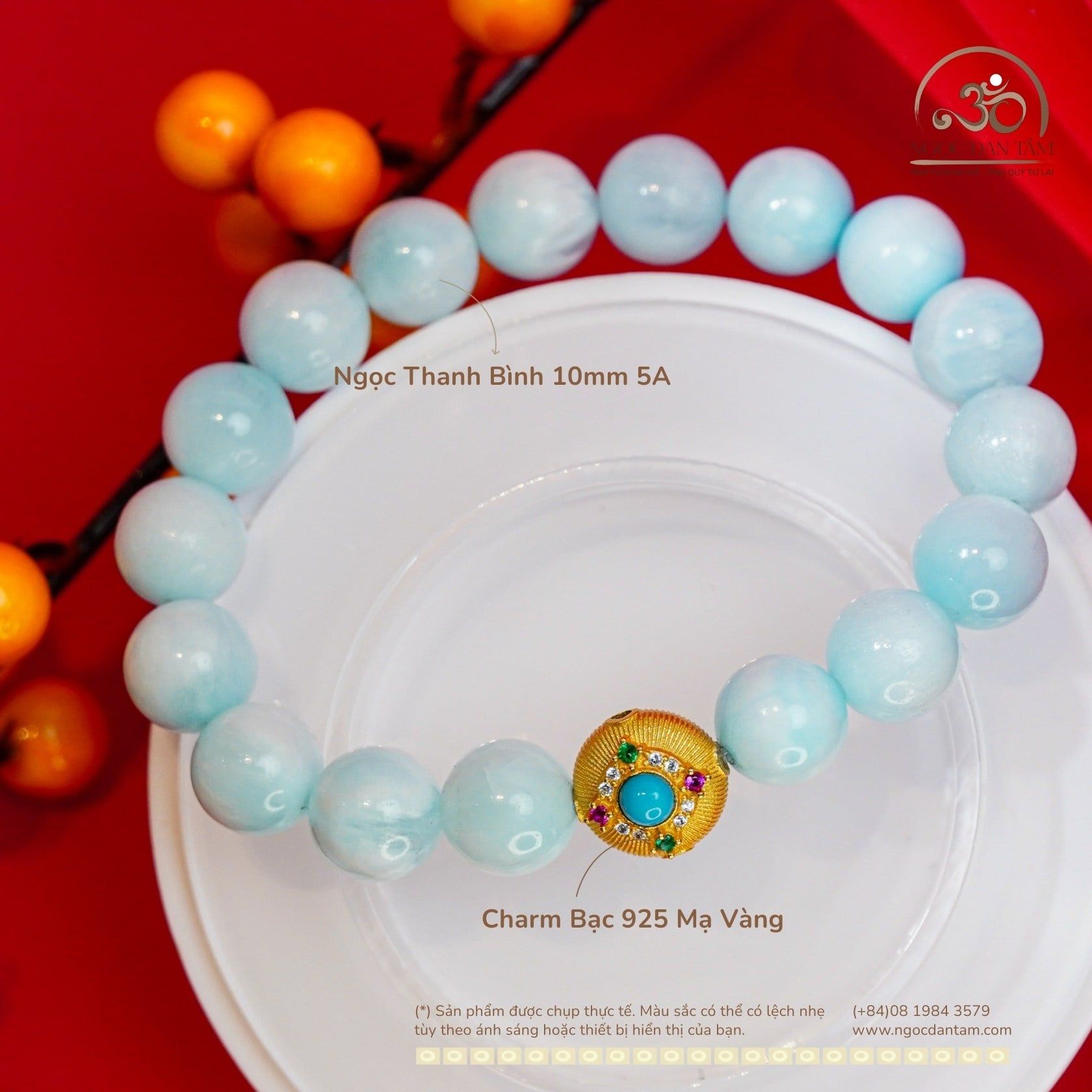  Vòng Tay Ngọc Thanh Bình 10mm 5A Phối Charm Tròn Đá Xanh 