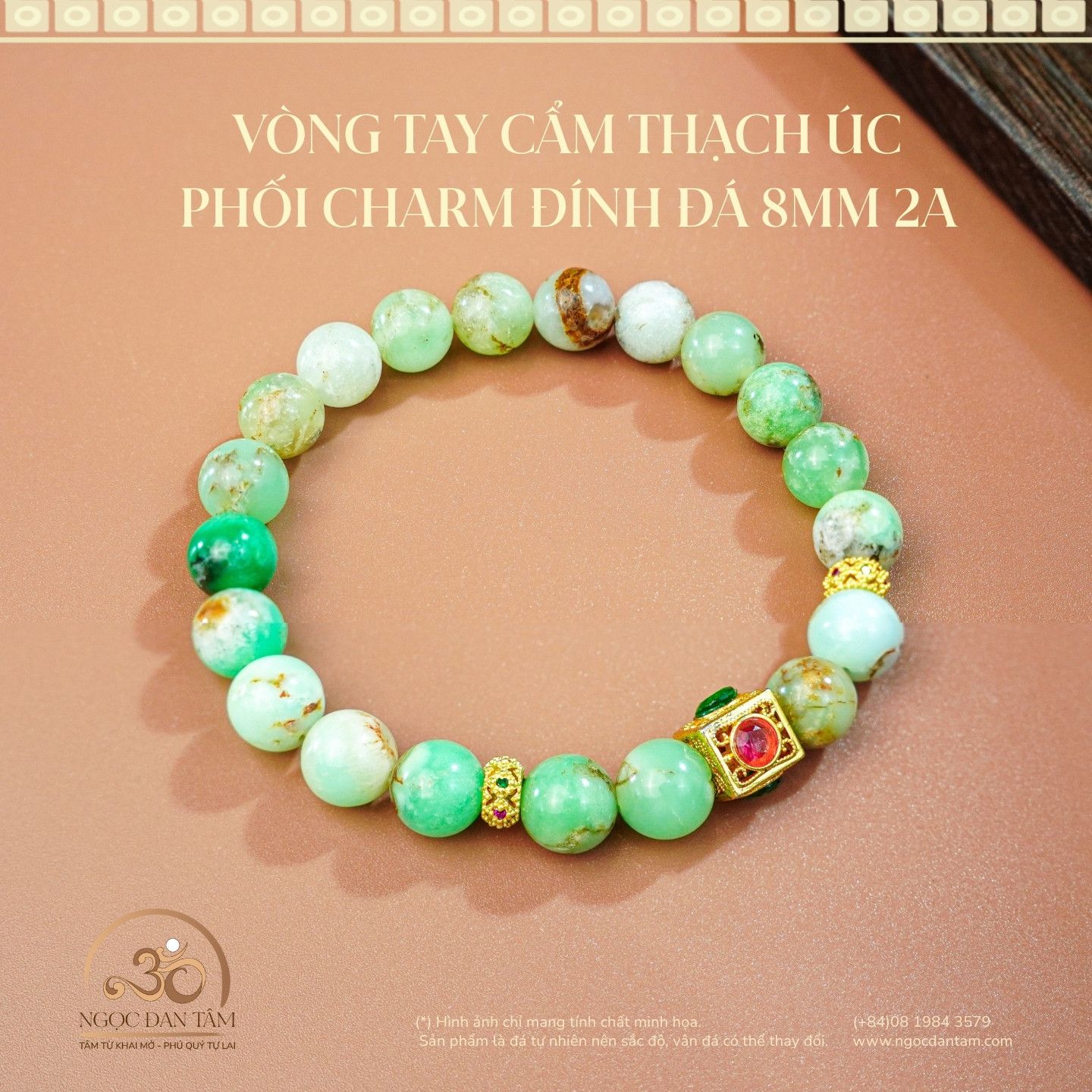  Vòng Tay Đá Cẩm Thạch Úc Phối Charm Đính Đá 8mm - 2A 