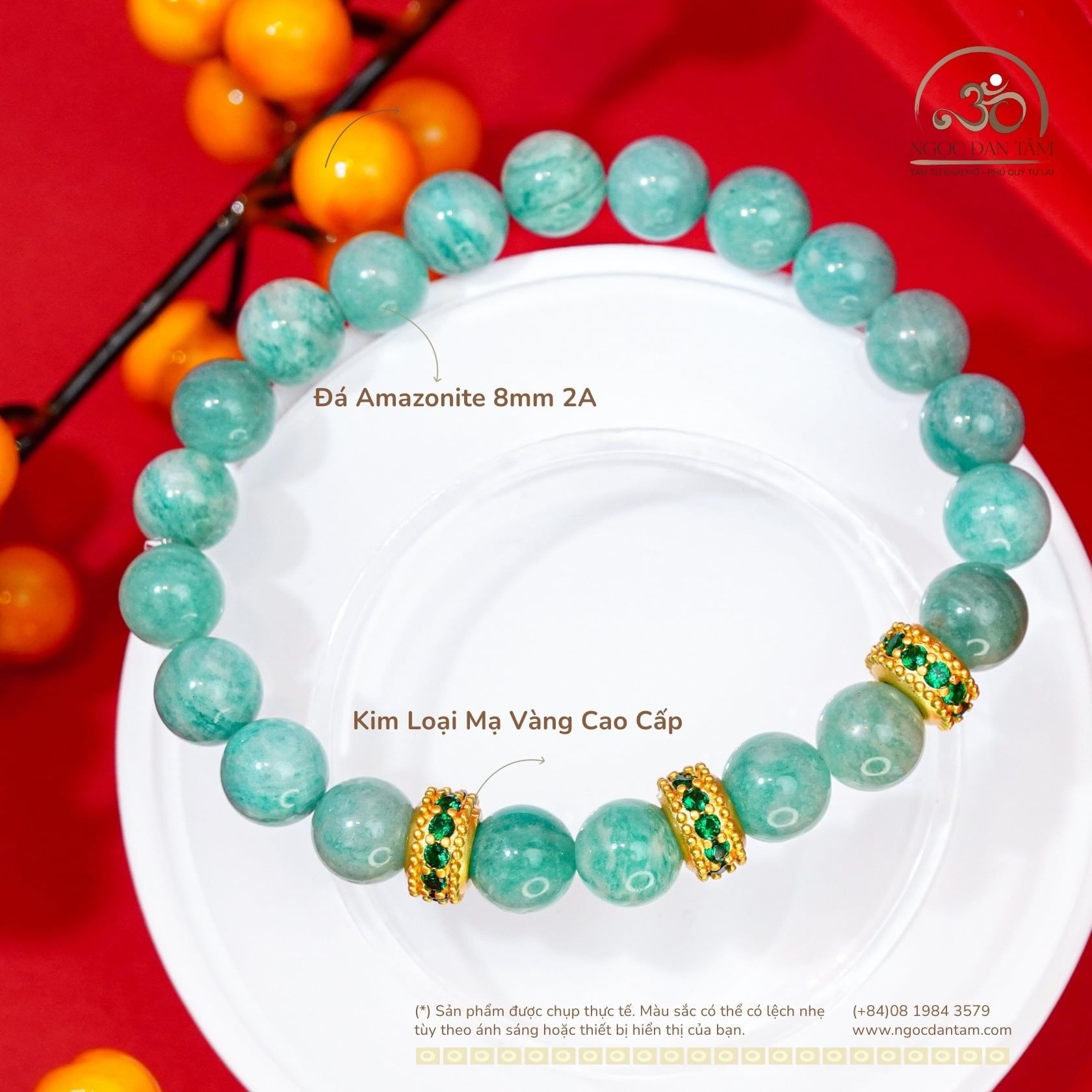  Vòng Tay Amazonite 8mm 2A Phối Charm Tròn Đính Đá Xanh 