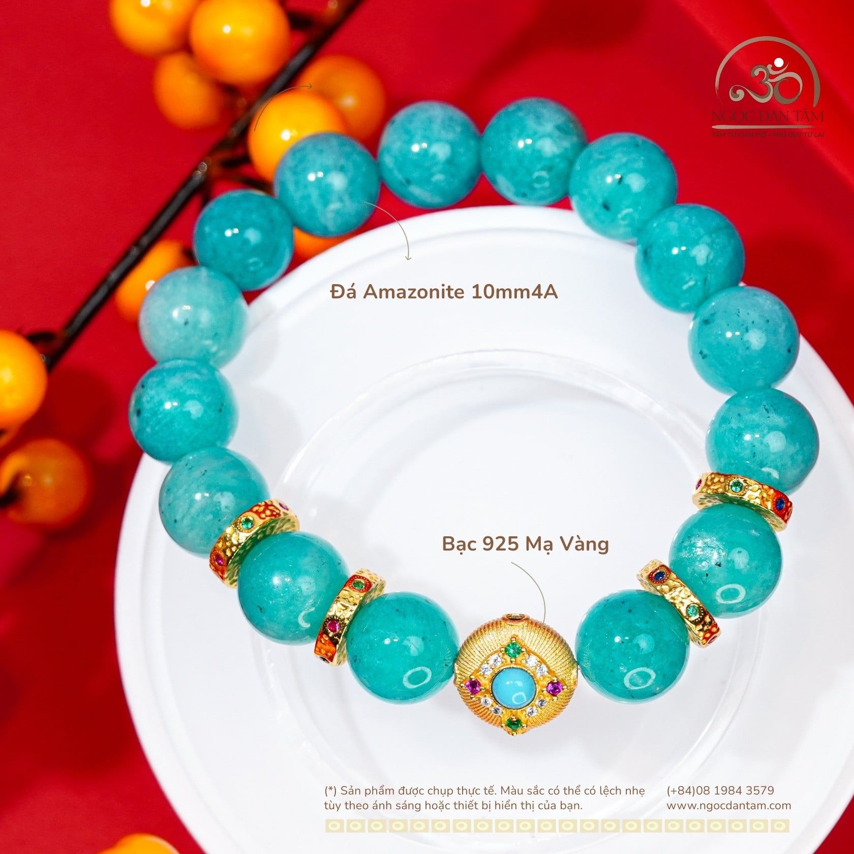  Vòng Tay Đá Amazonite 10mm 4A Phối Charm Tròn Màu Đá Xanh Bạc 925 Mạ Vàng 