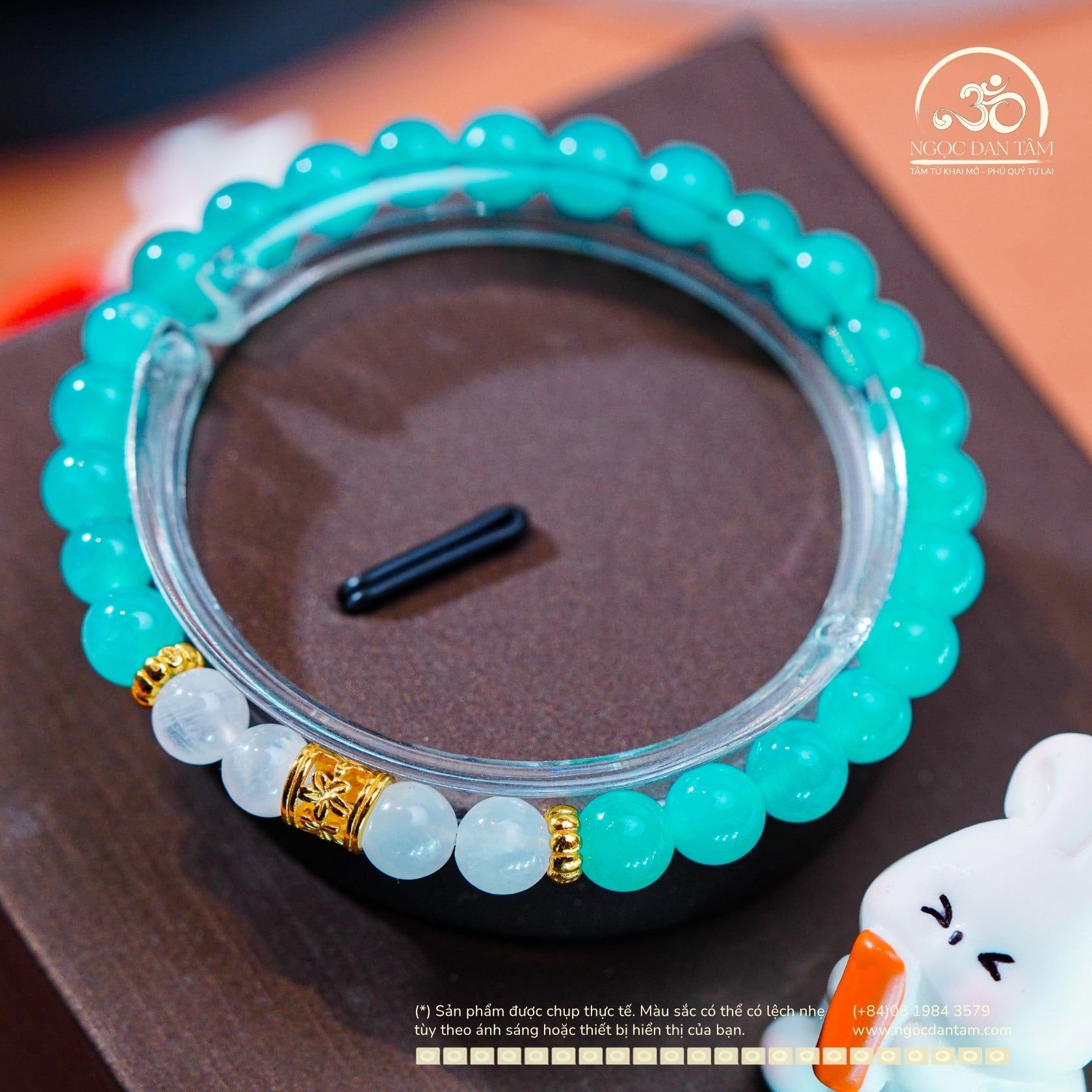 Vòng Tay Đá Amazonite 6mm 5A & Mặt Trăng 6mm 3A Phối Charm Trụ Hoa 5 Cánh 