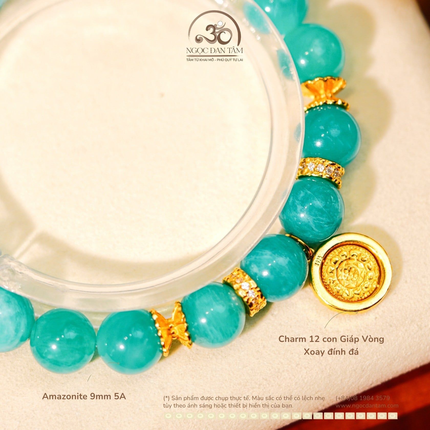  Vòng Tay Amazonite 9mm 5A Phối Charm Mặt Dây Chuyền 12 Con Giáp Vòng Xoay Đính Đá 