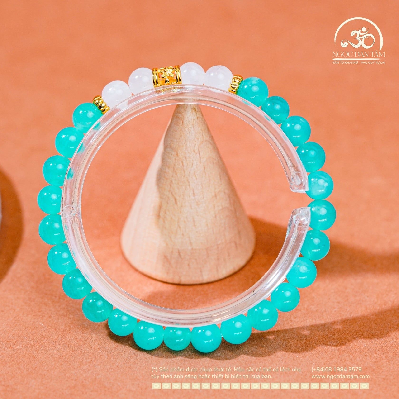  Vòng Tay Đá Amazonite 6mm 5A & Mặt Trăng 6mm 3A Phối Charm Trụ Hoa 5 Cánh 