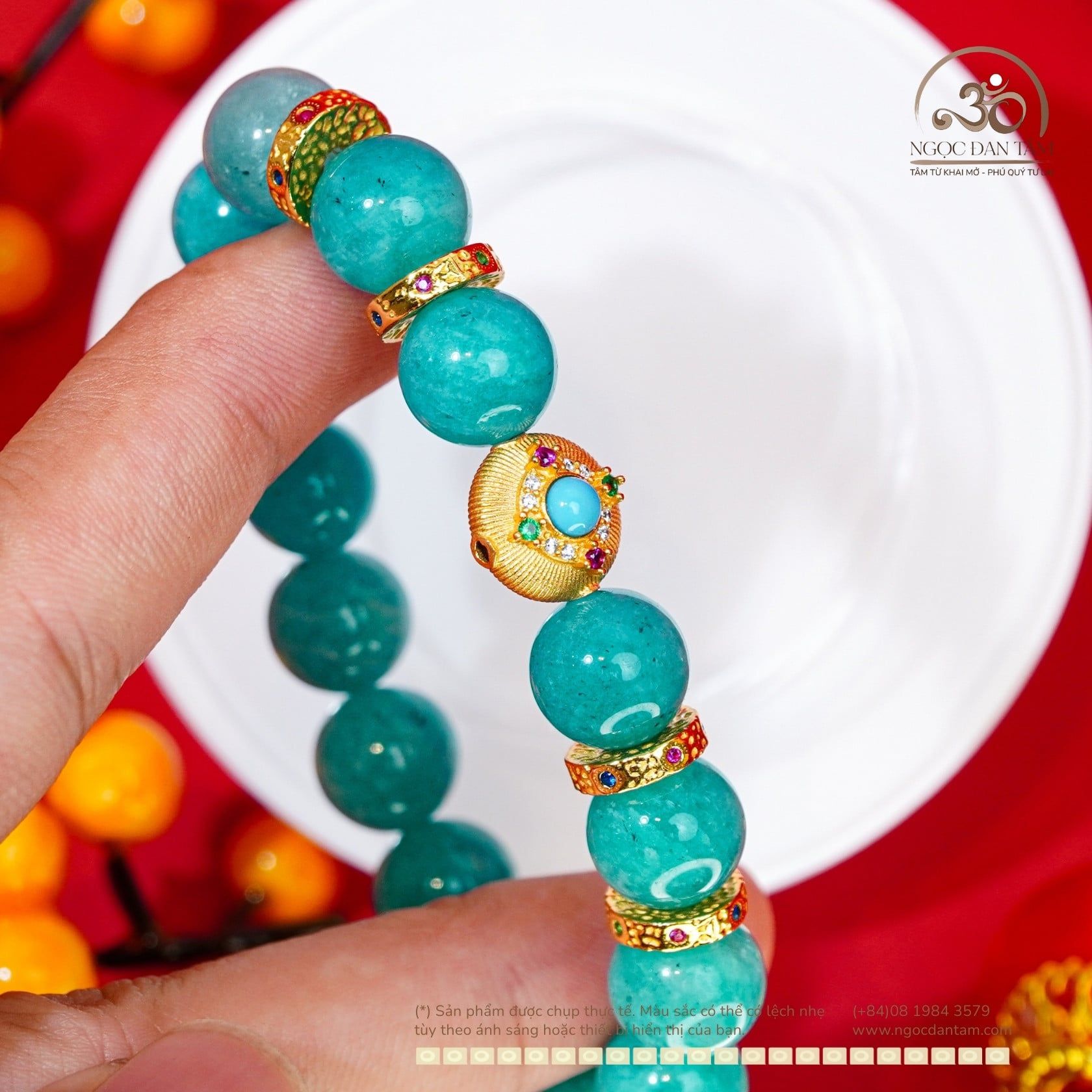  Vòng Tay Đá Amazonite 10mm 4A Phối Charm Tròn Màu Đá Xanh Bạc 925 Mạ Vàng 