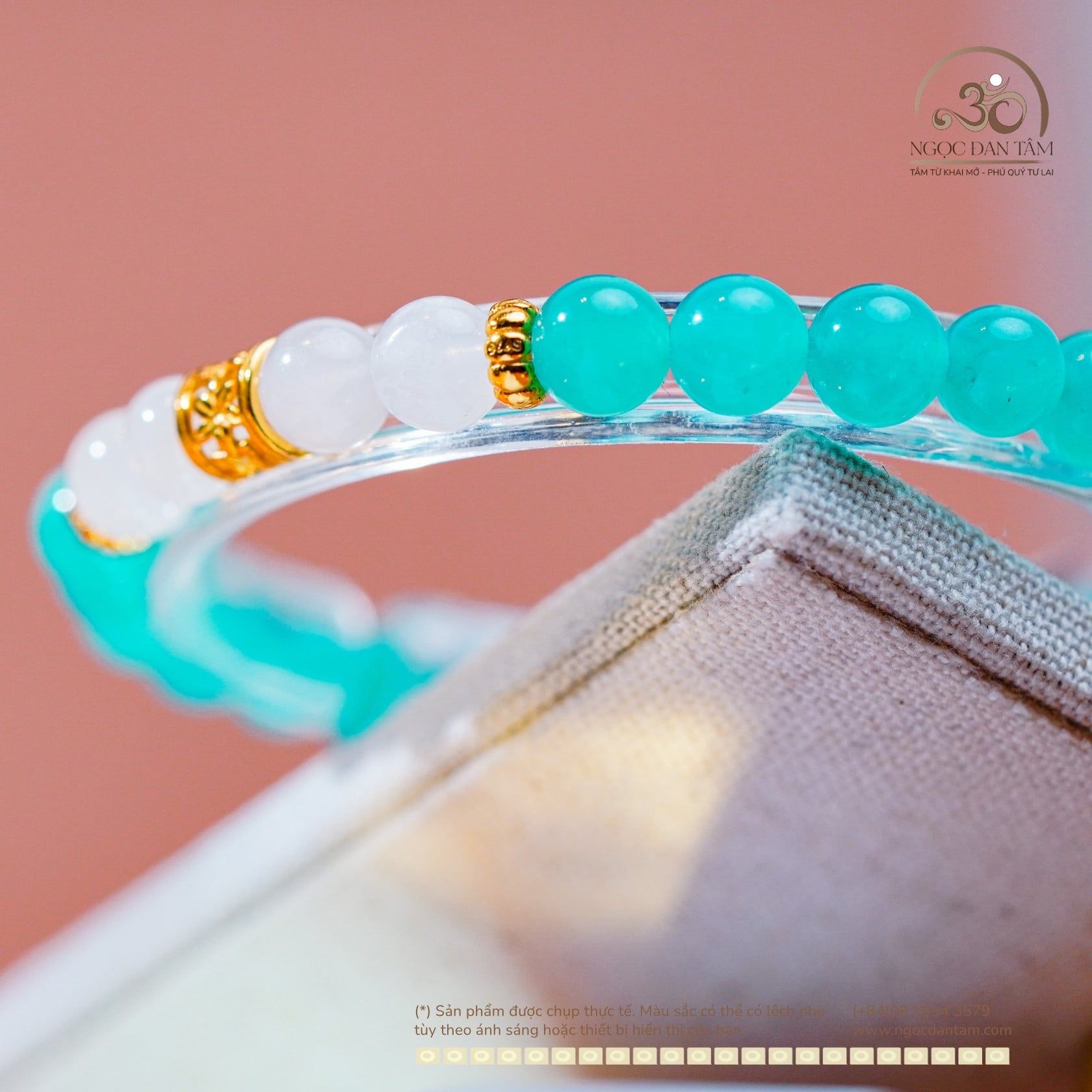  Vòng Tay Đá Amazonite 6mm 5A & Mặt Trăng 6mm 3A Phối Charm Trụ Hoa 5 Cánh 