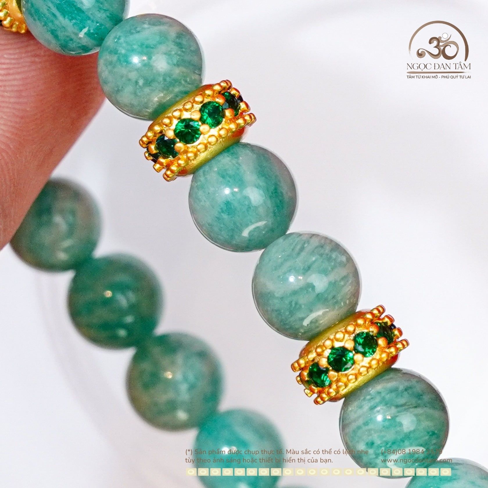  Vòng Tay Amazonite 8mm 2A Phối Charm Tròn Đính Đá Xanh 