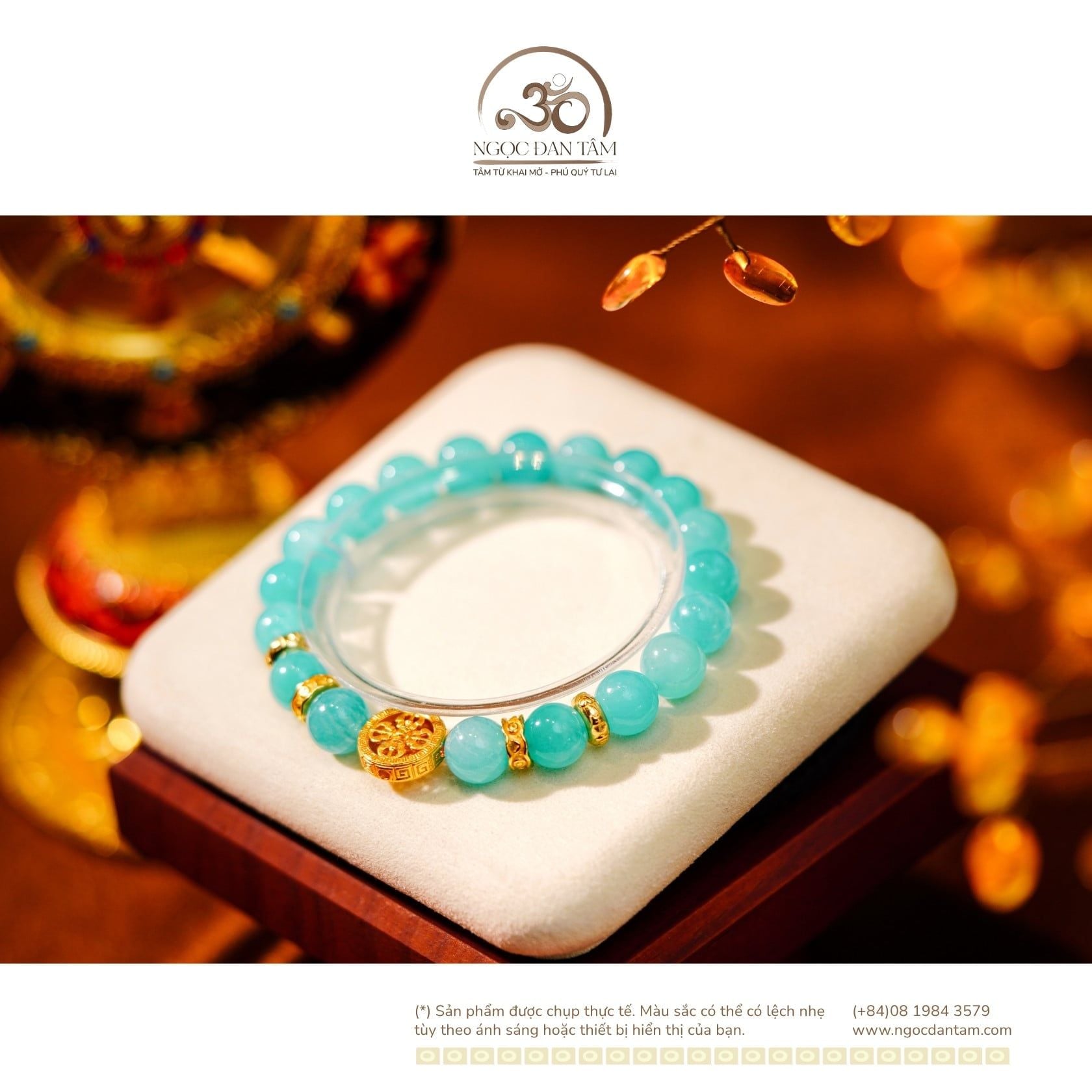  Vòng Tay Amazonite 9mm 5A Phối Charm Bánh Xe Pháp Luân Bạc 925 Mạ Vàng Cao Cấp 