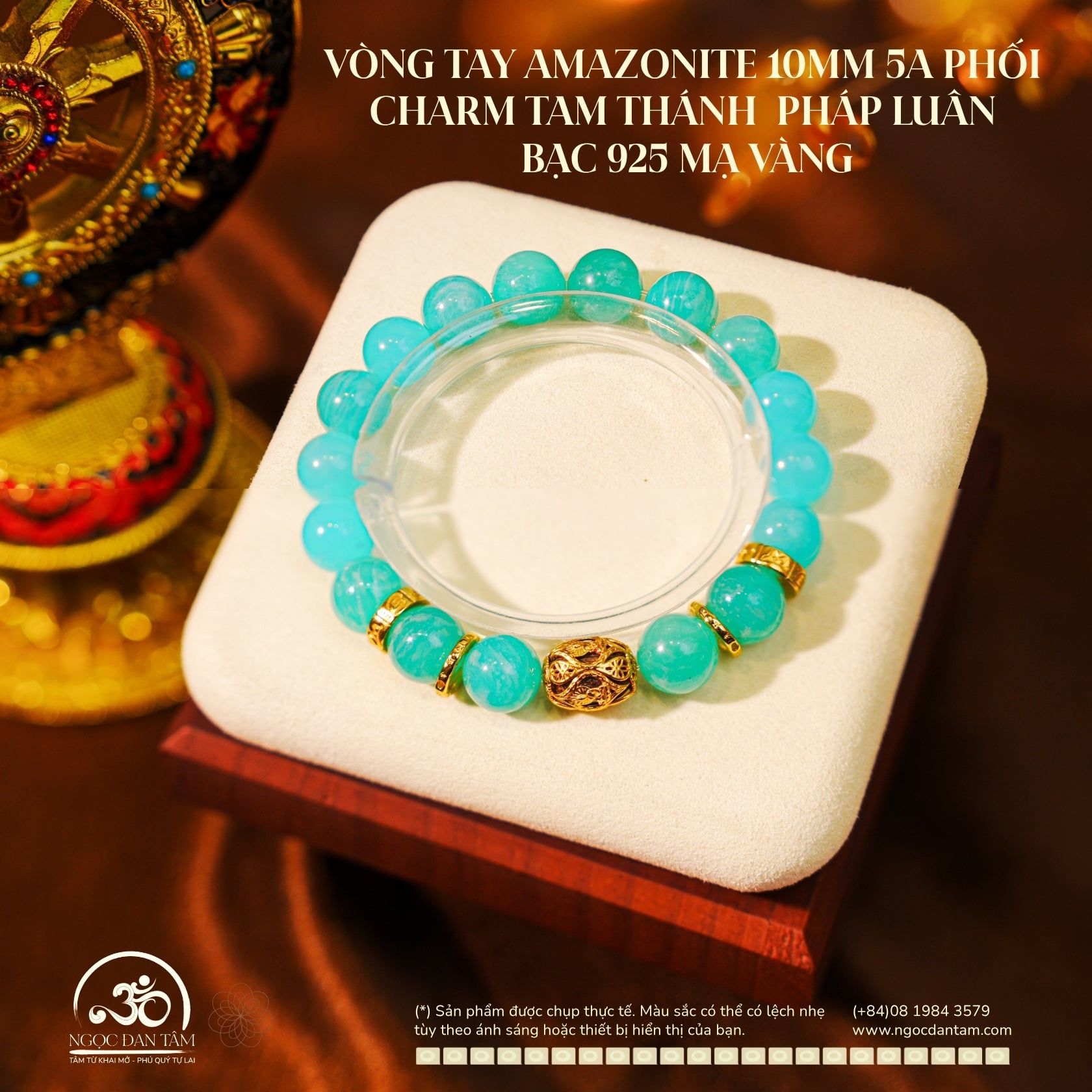  Vòng Tay Amazonite 10mm 5A Phối Charm Tam Thánh Pháp Luân 