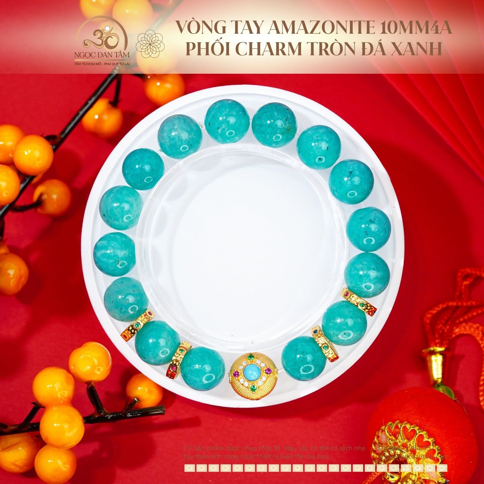  Vòng Tay Đá Amazonite 10mm 4A Phối Charm Tròn Màu Đá Xanh Bạc 925 Mạ Vàng 