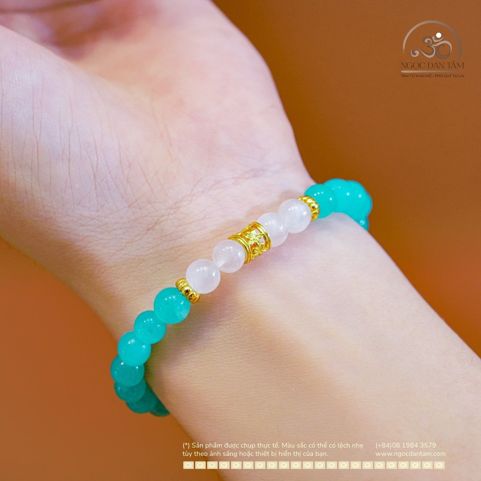  Vòng Tay Đá Amazonite 6mm 5A & Mặt Trăng 6mm 3A Phối Charm Trụ Hoa 5 Cánh 