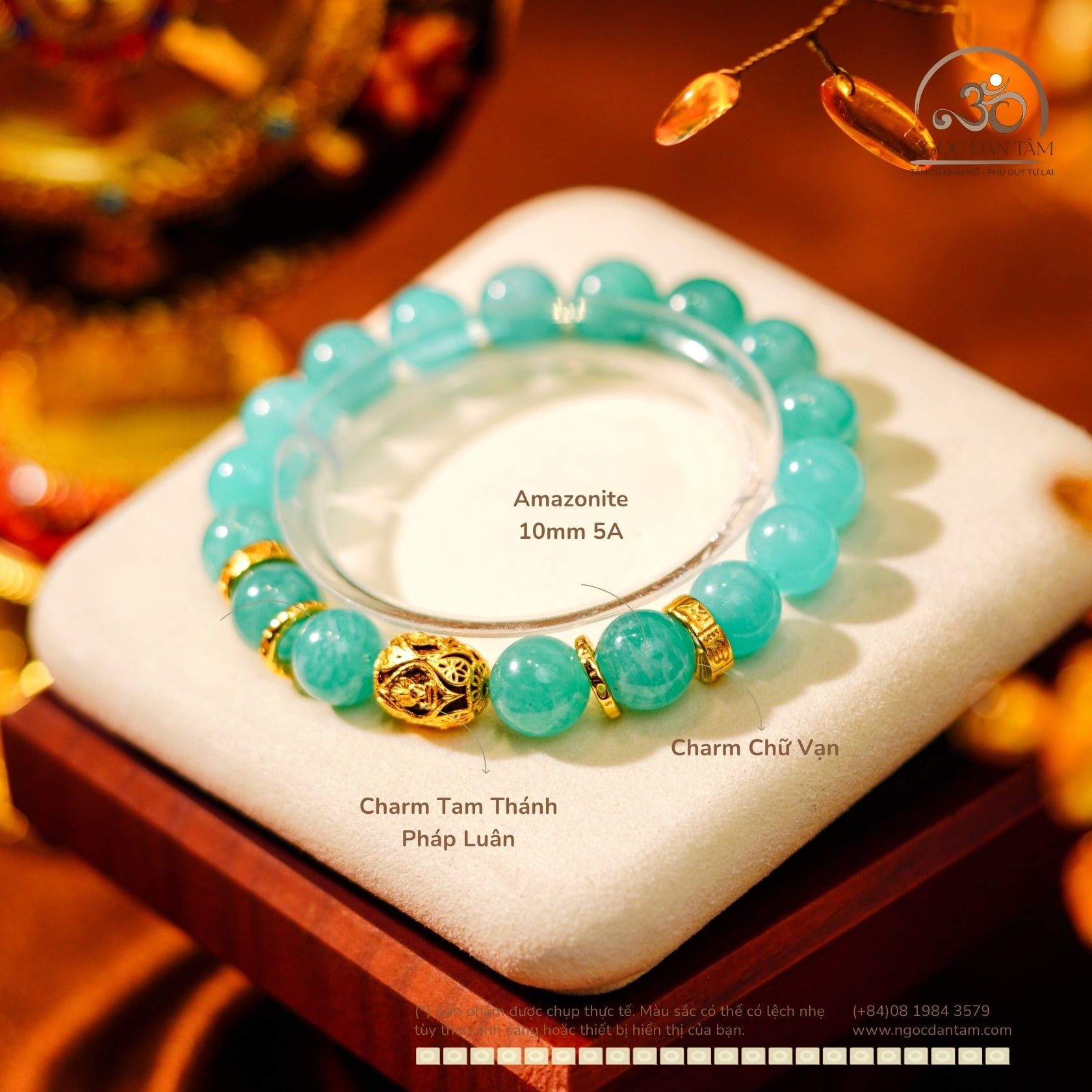  Vòng Tay Amazonite 10mm 5A Phối Charm Tam Thánh Pháp Luân 