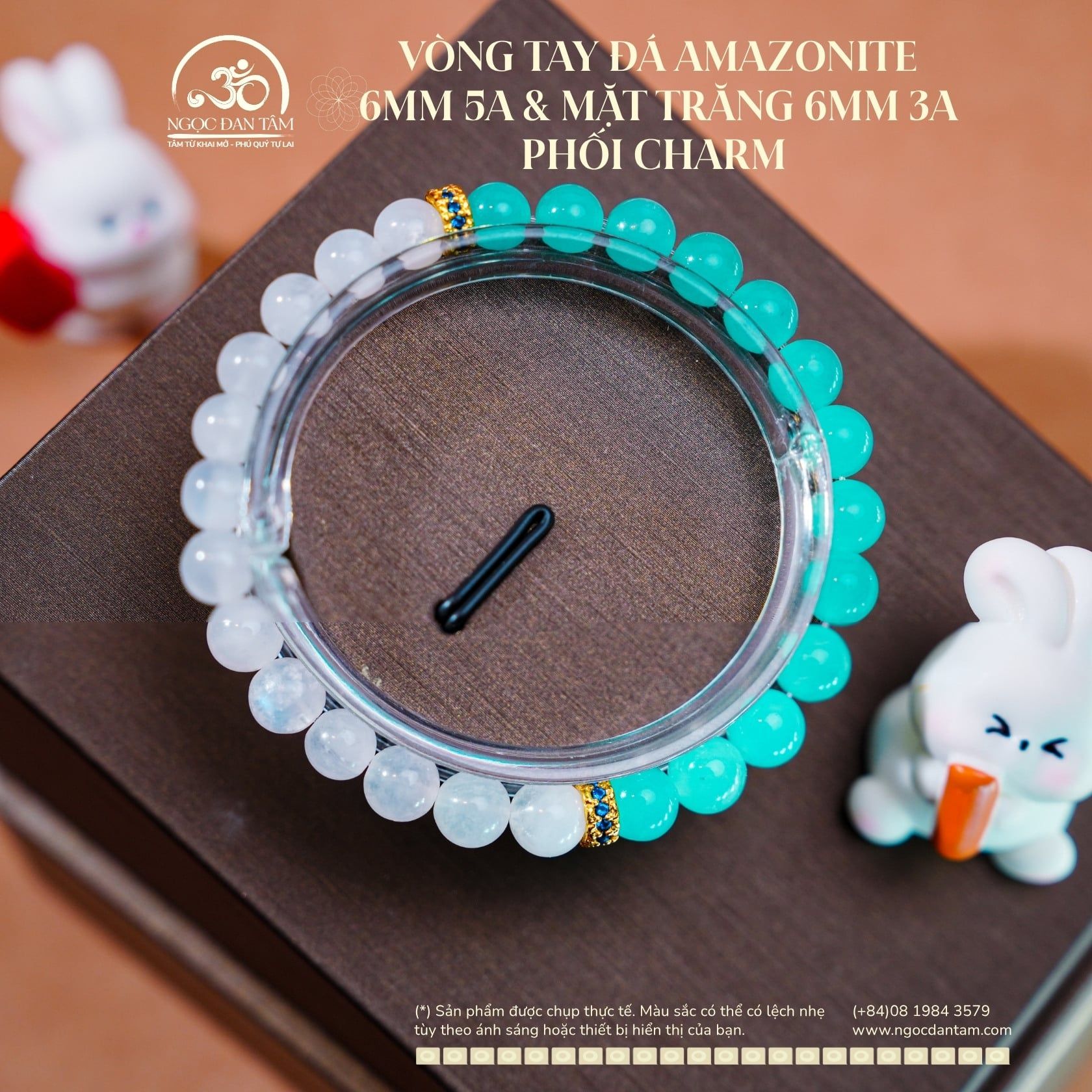  Vòng Tay Đá Amazonite 6mm 5A & Mặt Trăng 6mm 3A Phối Charm Vảy Rồng Đá Xanh 
