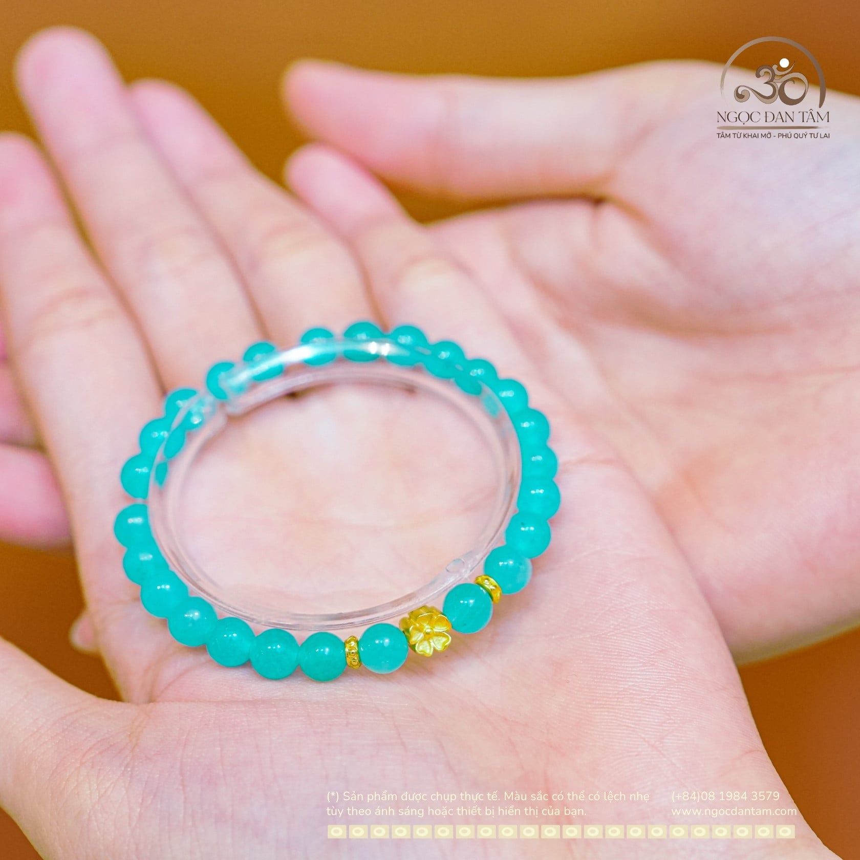  Vòng Tay Đá Aquamarine 6mm 5A Phối Charm Hoa Mai 