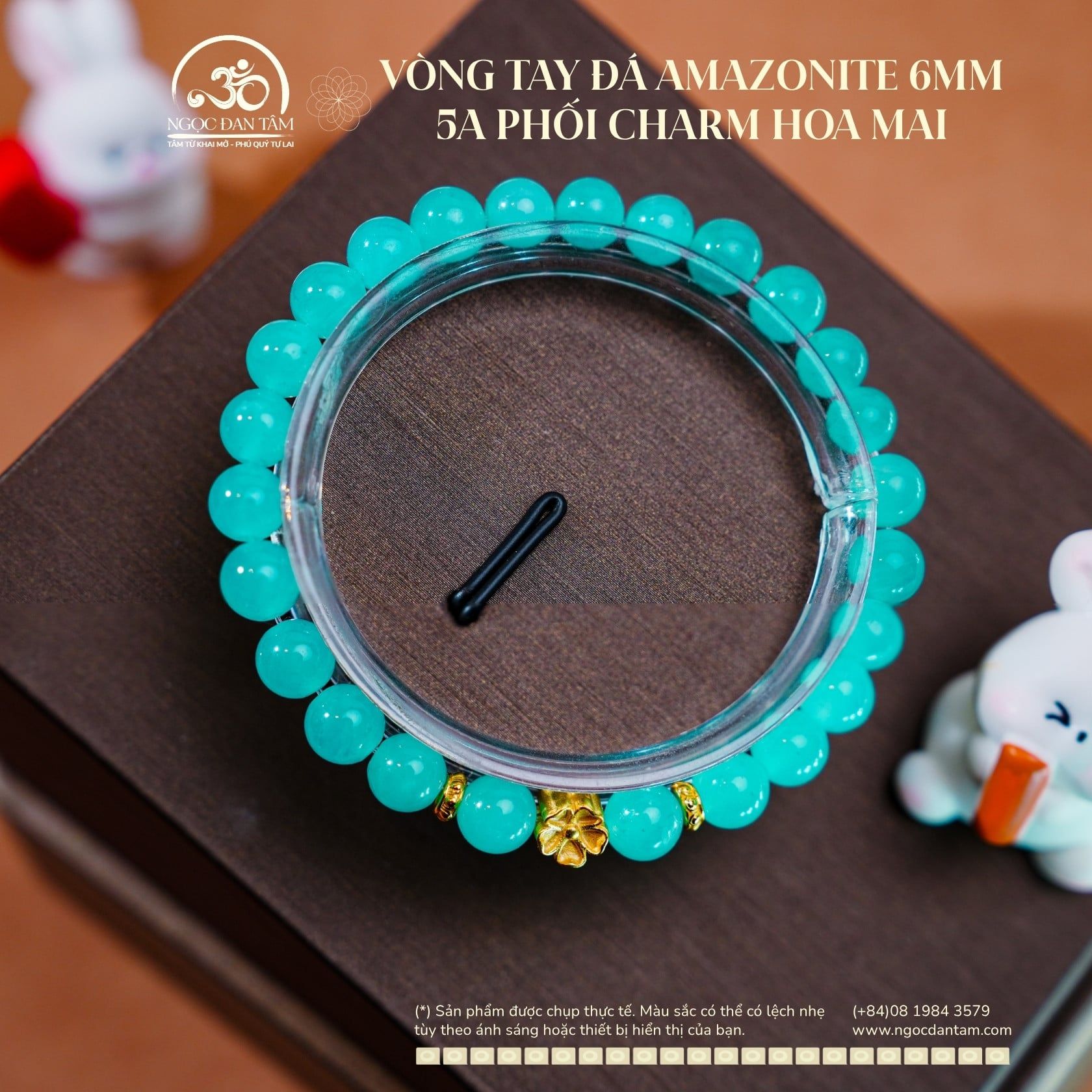  Vòng Tay Đá Aquamarine 6mm 5A Phối Charm Hoa Mai 