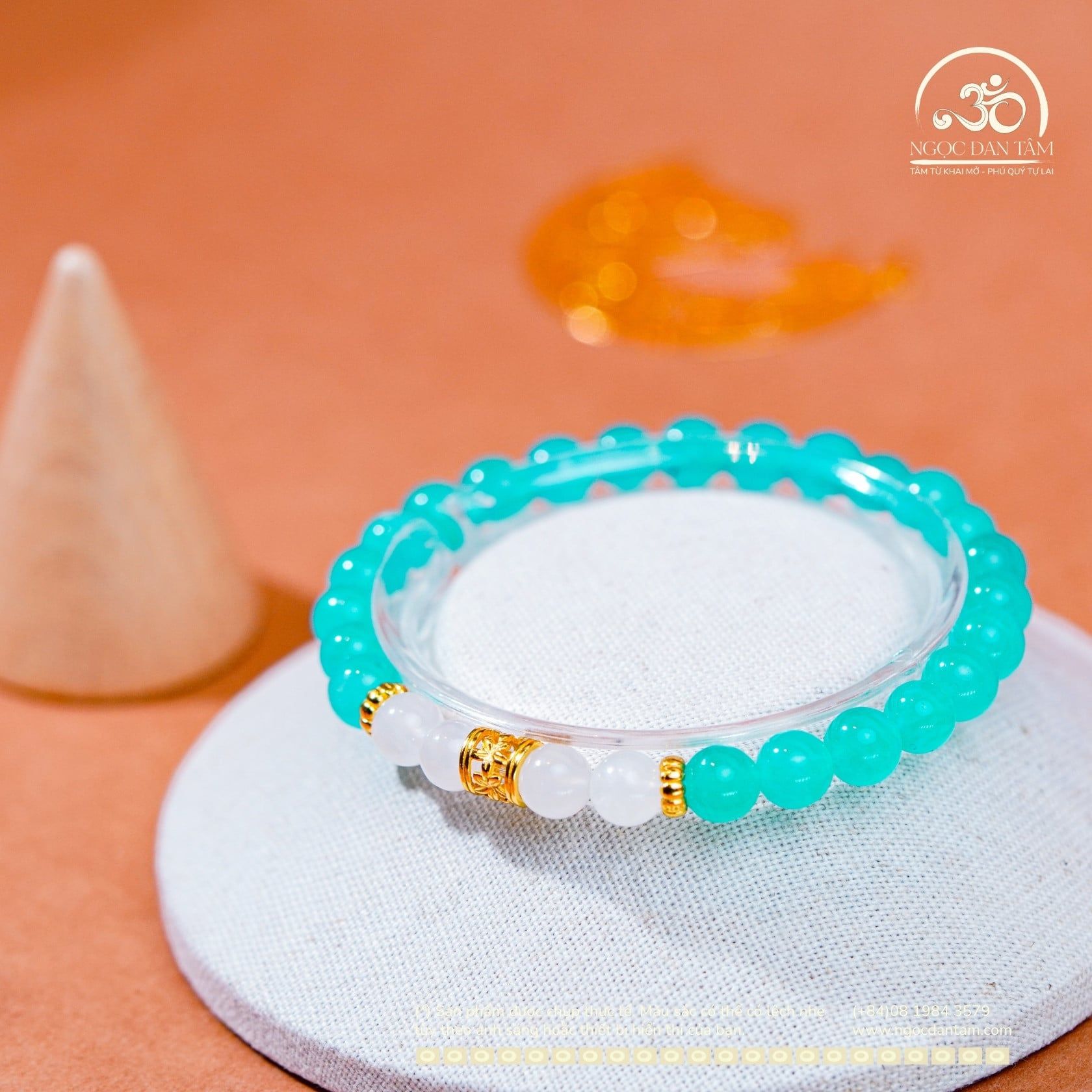  Vòng Tay Đá Amazonite 6mm 5A & Mặt Trăng 6mm 3A Phối Charm Trụ Hoa 5 Cánh 