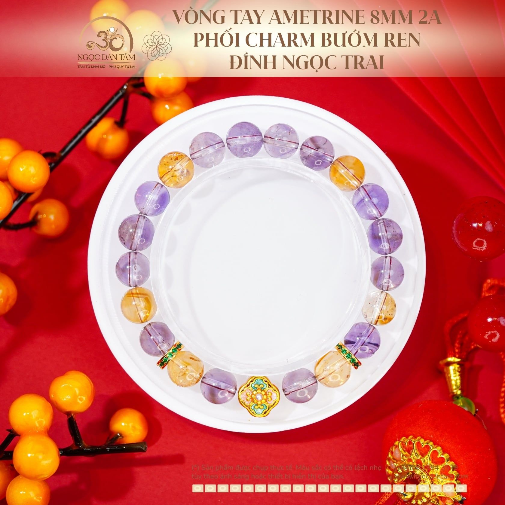  Vòng Tay Ametrine 8mm 2A Phối Charm Bướm Ren Đính Ngọc Trai 