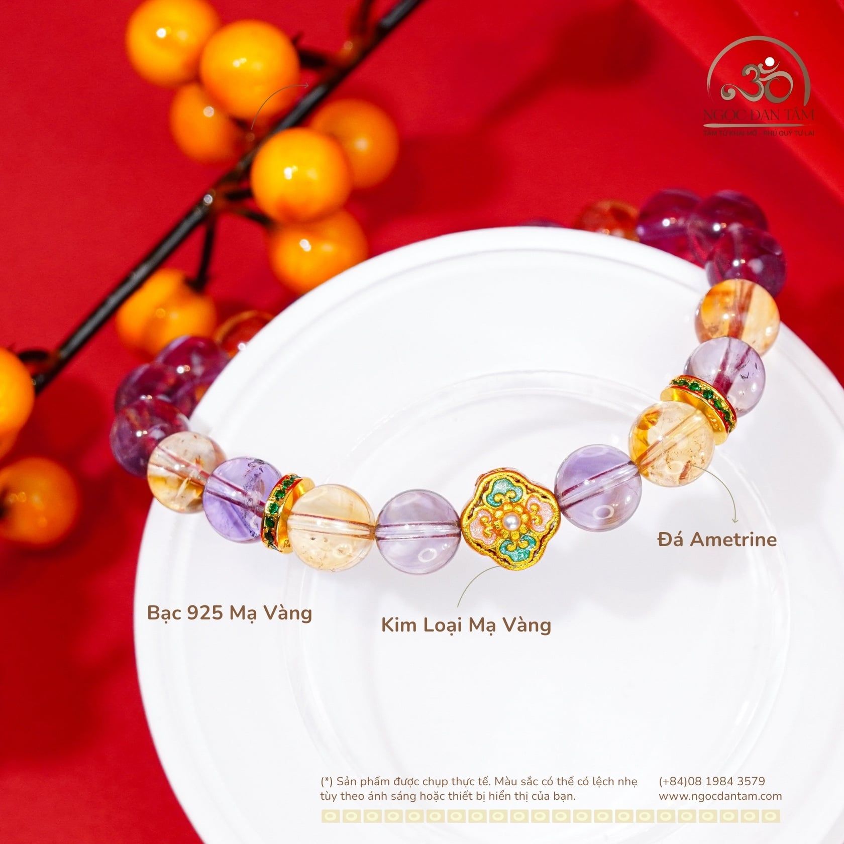  Vòng Tay Ametrine 8mm 2A Phối Charm Bướm Ren Đính Ngọc Trai 