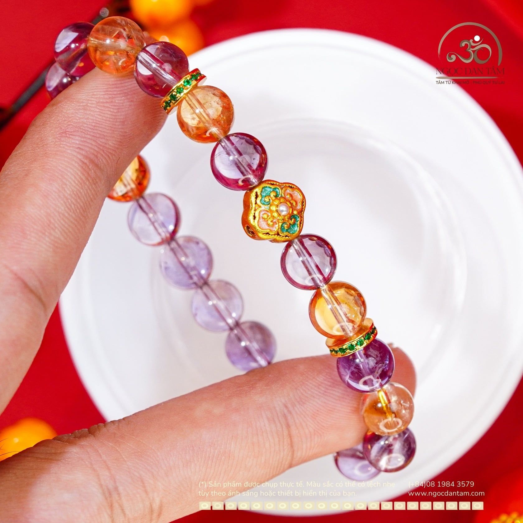  Vòng Tay Ametrine 8mm 2A Phối Charm Bướm Ren Đính Ngọc Trai 