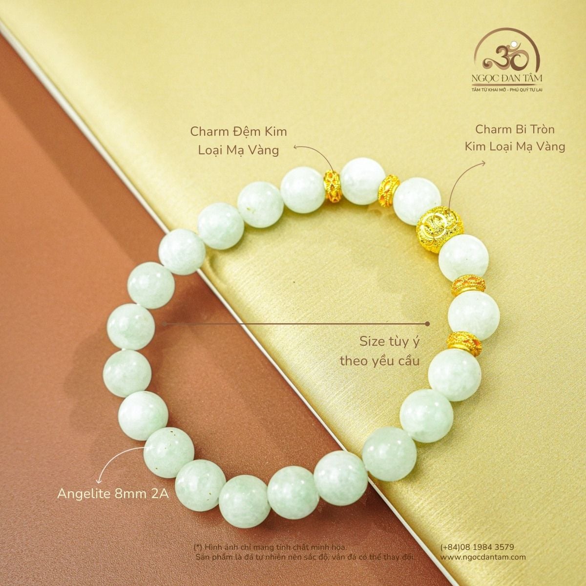  Vòng Tay Đá Angelite 8mm 2A Phối Charm Bi Tròn Họa Tiết 