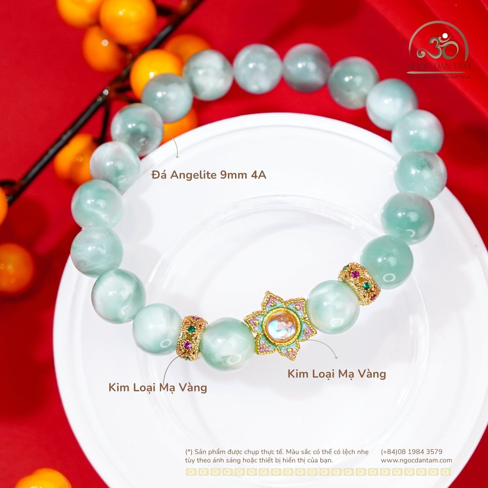  Vòng Tay Angelite 9mm 4A Phối Charm Sen Nhụy Trắng 