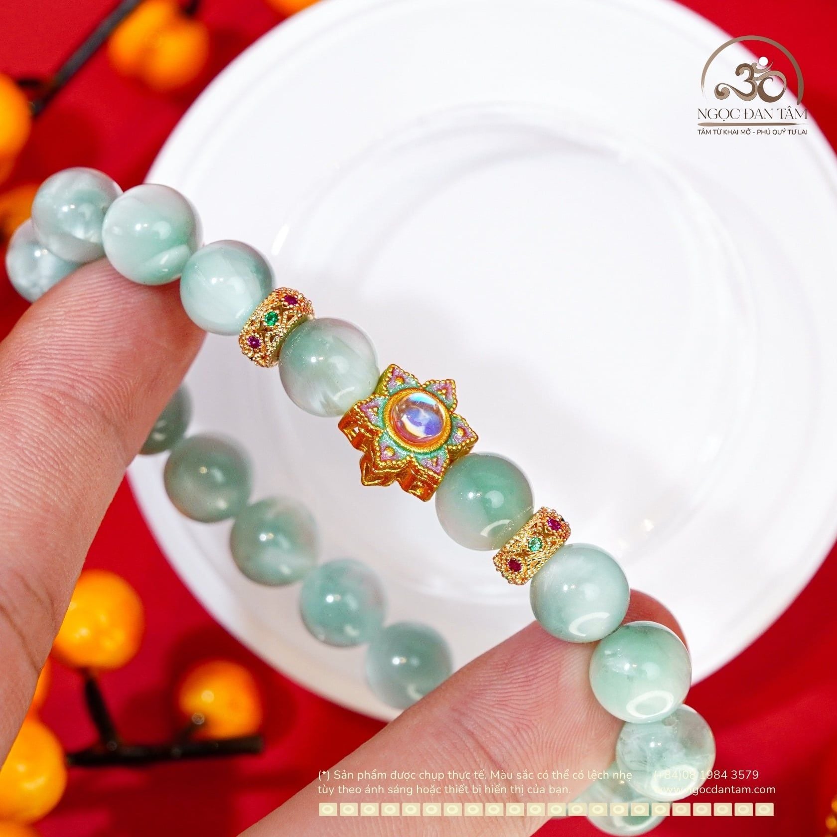  Vòng Tay Angelite 9mm 4A Phối Charm Sen Nhụy Trắng 